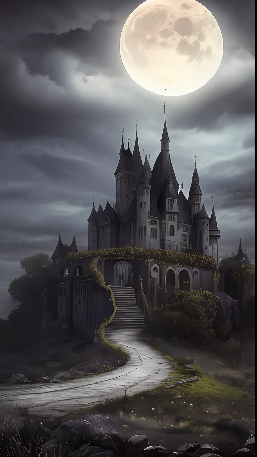 A dark and ominous fantasy landscape，Features a haunted and abandoned castle，Twisted vines，Spooky ghosts and ominous atmosphere，Creates a sense of mystery and intrigue，The gaps in the dark clouds reveal the moon，Artistically，digital illustrations，highly  detailed，Uptrend，deep colour