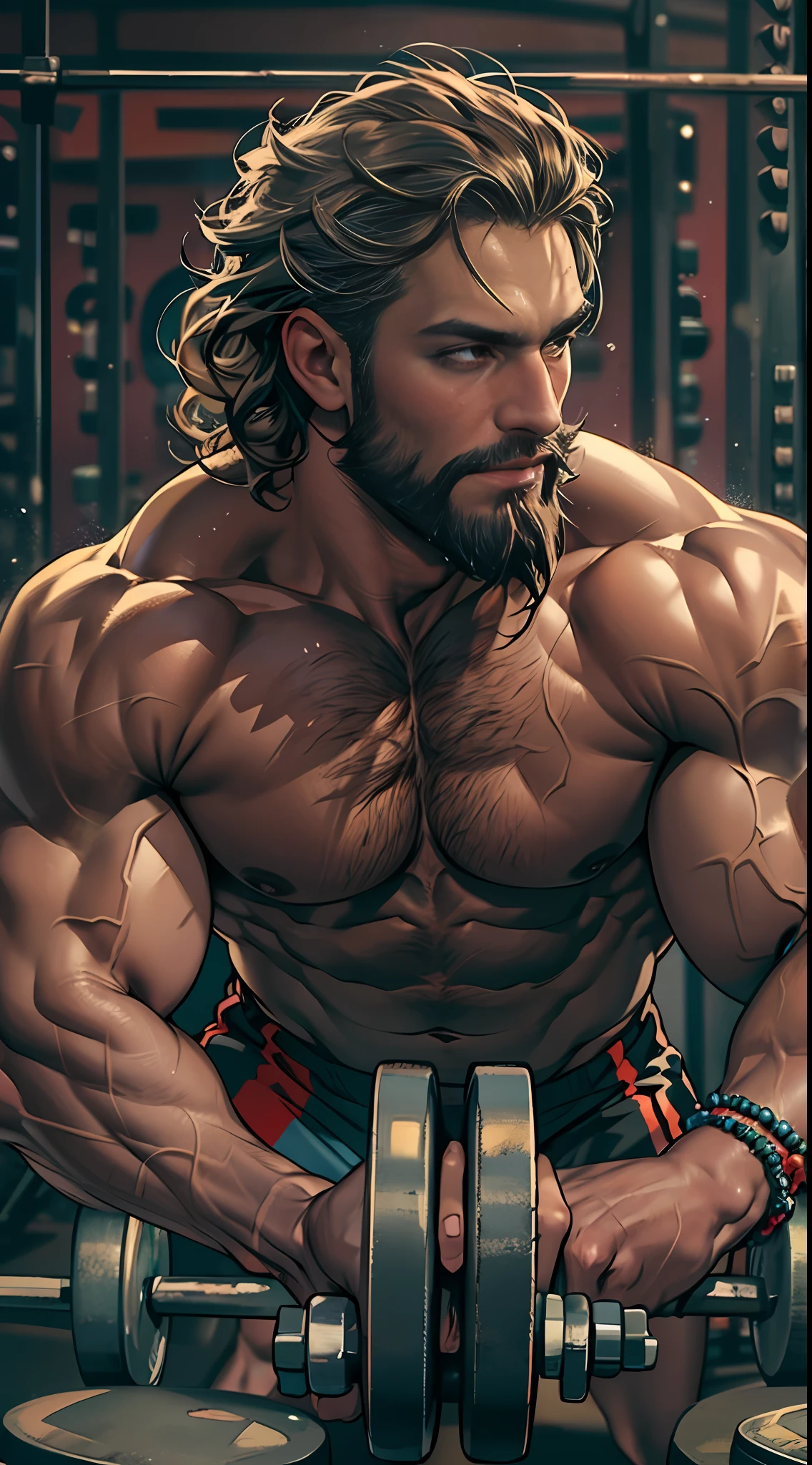 Robust athlete man, upper body revealed, legs uncovered from thighs to feet, bearded with beaded accents, flowing long curls, meticulous muscle definition, lifelike representation, 4K quality. Background: Gymnasium with weights and exercise equipment,32k uhd, best quality, masterpiece, super detail, high details