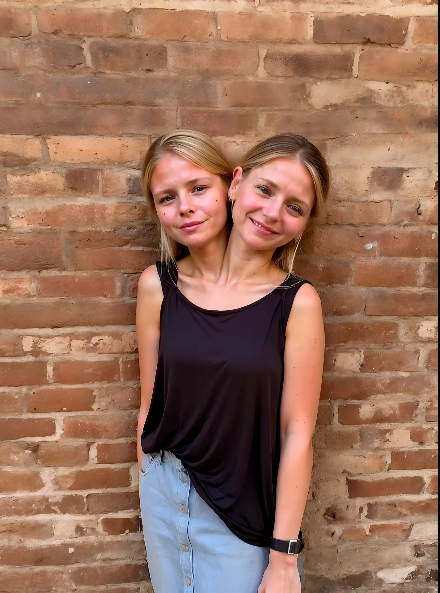 2heads, two headed girl, mom and daughter conjoined to each other, (different ages:1.5), (one torso:1.5), (female:1.5), (blonde:1.5), (two heads attached to one body:1.4), conjoined twins, heads side by side, one body, young, uncomfortable, barefoot, bare breasts