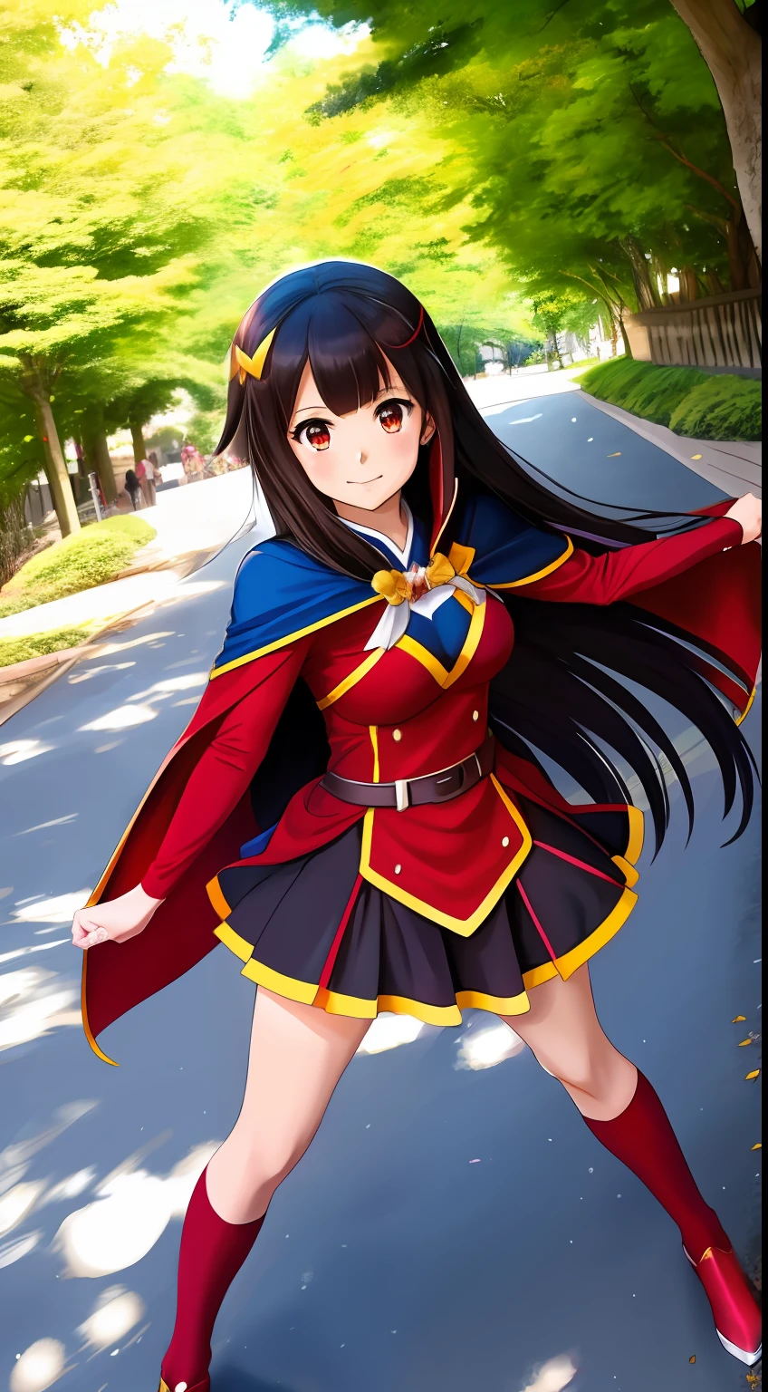4k, realista, charismatic, muito detalhe, There's a girl in town, vestindo o figurino do homem-aranha, She's a spider-woman , white and red superhero theme, japonesa, cabelo curto castanho, 17 anos, corpo inteiro, red eyes, Megumin do anime Konosuba