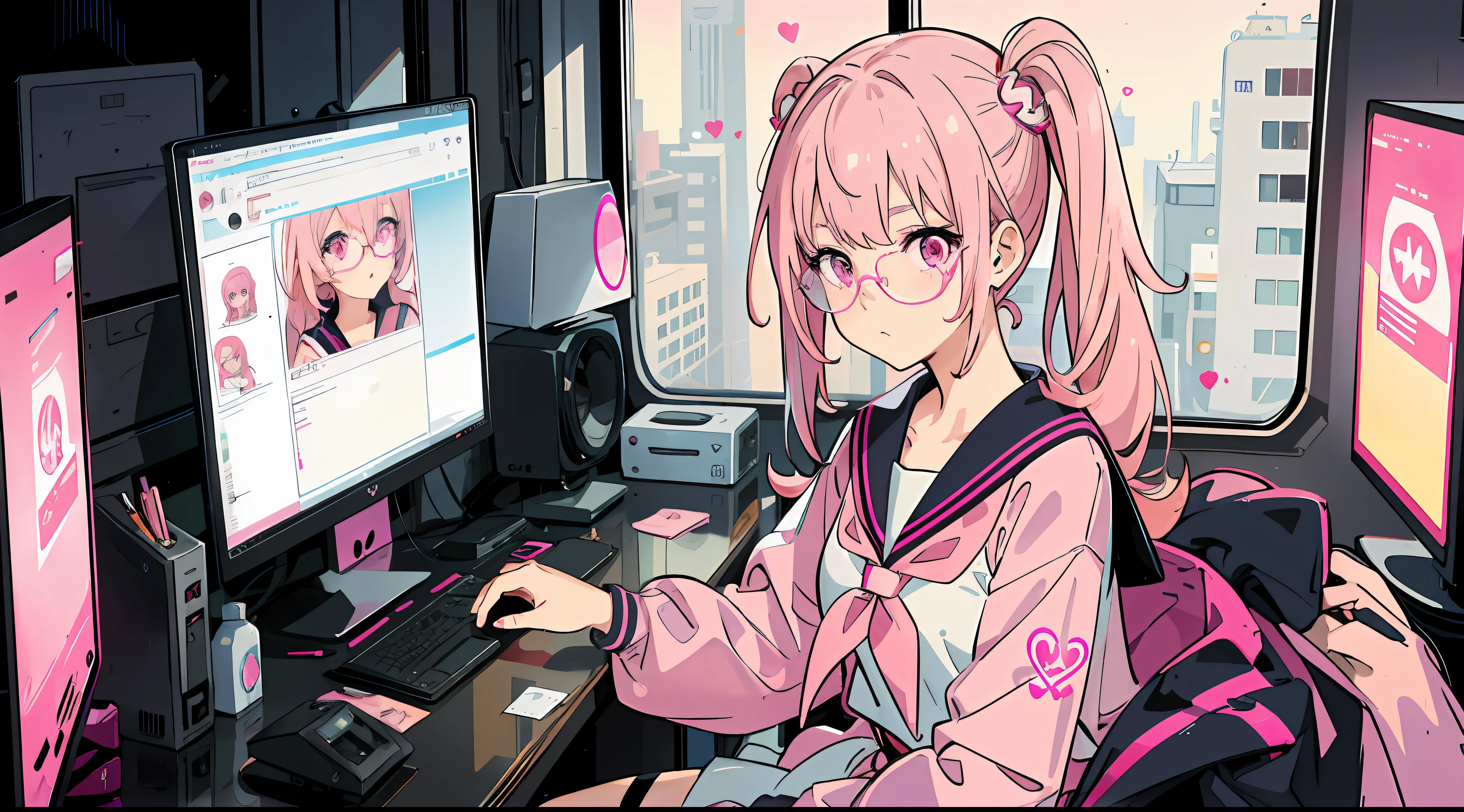 1girl in, Pink hair, Pink eyes, Glasses, Sailor Suit, Pink Cyberpunk, Room with many monitors, Pink fluorescent lamp