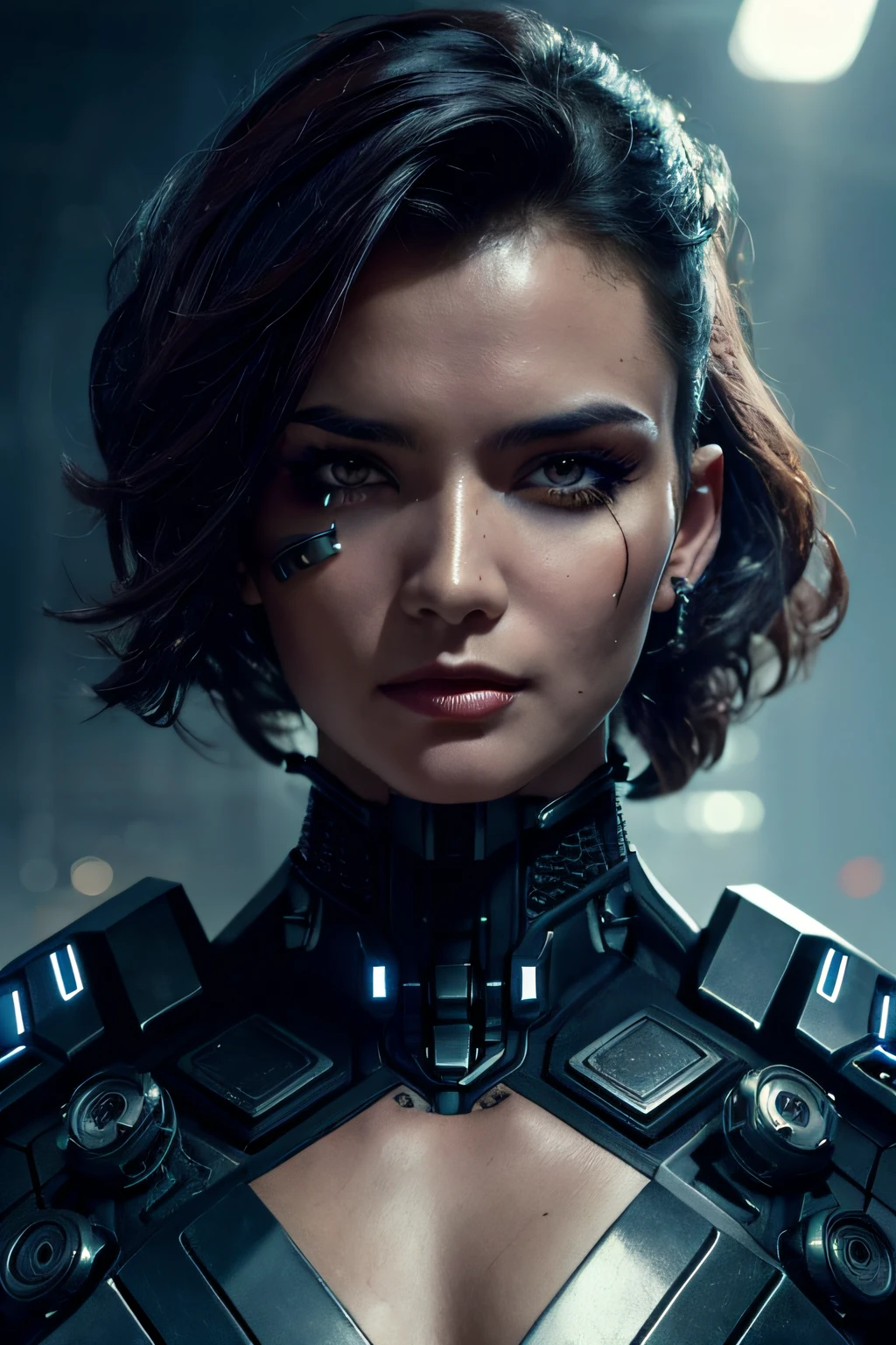a beautiful woman cyborg warrior in the Style-RustMagic, cyberpunk augmentation, cyberware, cyborg, carbon fiber, chrome, implants, metal skull, cyber plate armor, (dark atmosphere:1.2), (fog & smoke), (dark night:1.3), scars, (dark medium length disheveled hair:1.1), (eyeshadow:1.1), (beautifully detailed glow:1.2), (Cinematic lighting), intricate detail, highres, rounded eyes, detailed facial features, sharp focus, smooth, aesthetic, detailed dark industrial factory background, stylish pose, dynamic pose, (dramapaint), (opt-6000:0.9),((dreamy effect)),((cyberpunk))
