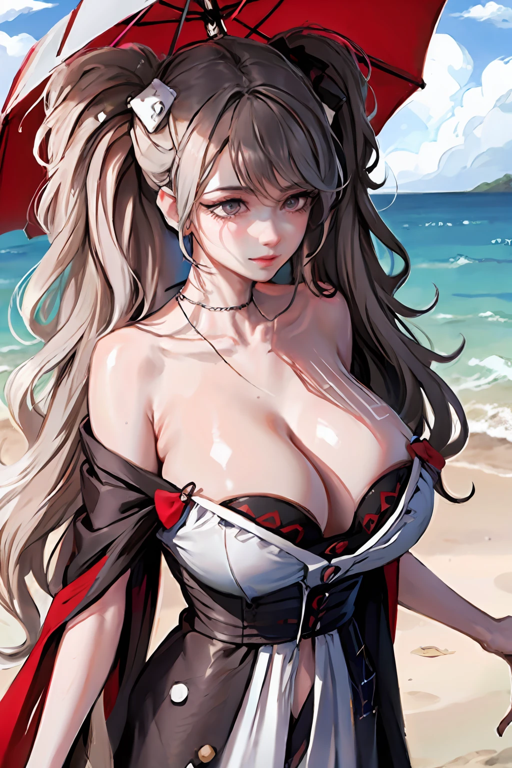 (masterpiece:1.2, best quality), (1lady, solo, upper body:1.2), Clothing: white flowy maxi dress, wide-brimmed hat, strappy sandals, Accessories: shell necklace, Hair: loose beach waves, Makeup: natural, glowing skin, Behavior: relaxed, carefree, free-spirited, Location: beach, resort, outdoor festival, red eyes, huge tits,