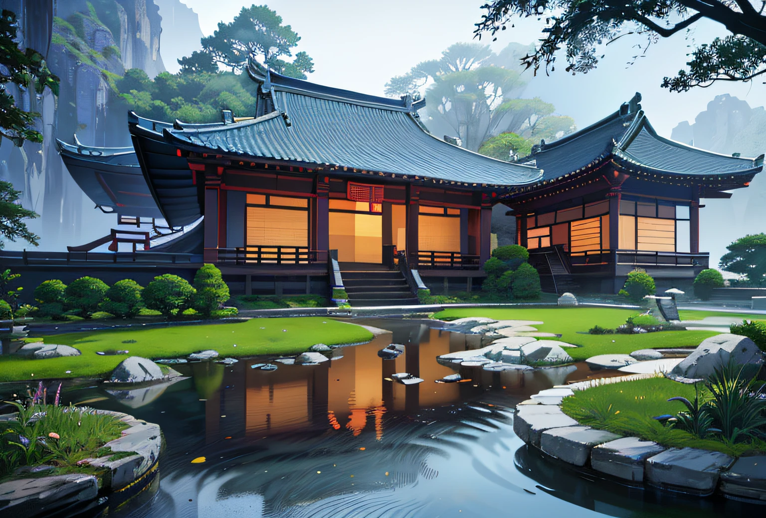 Ancient Chinese architecture, cool colors, dark night, moon, garden, bamboo, lake, stone bridge, rockery, arch, corner, tree, running water, landscape, outdoor, waterfall, grass, rock, dense fog, (Illustration: 1.0) , Epic Composition, HD Details, Masterpiece, Best Quality, (Very Detailed CG Unity 8k Wallpapers) --v 6