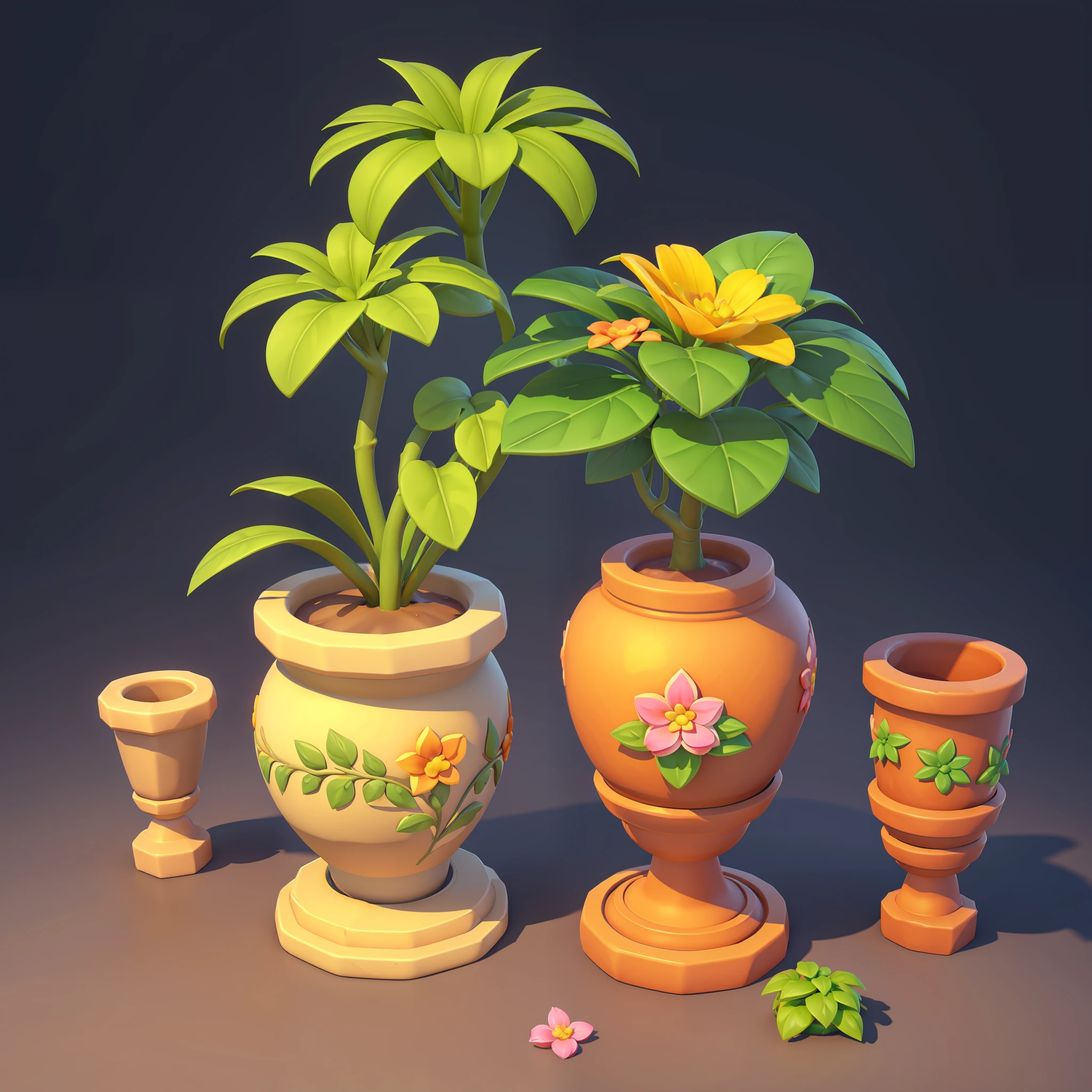 floral arrangements，gardening，A single object，potted，China-style，solid color backdrop，3D rendering 2D，game icon asset,（（Cartoony）），（（（Simple structure））），volumettic light}，A plant，florals，（The tree），Game icon design，super detailing，best qualtiy，