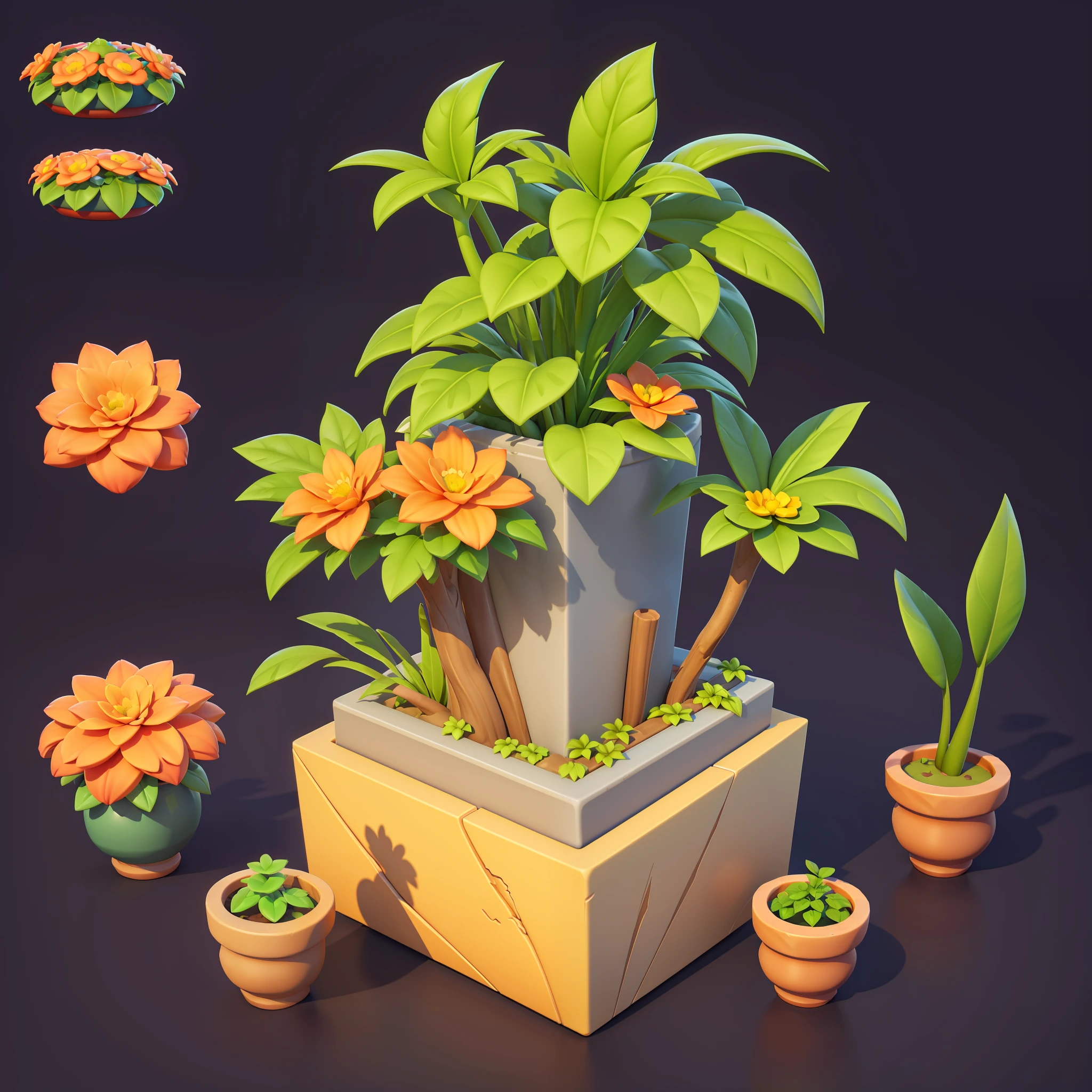 floral arrangements，gardening，A single object，potted，China-style，solid color backdrop，3D rendering 2D，game icon asset,（（Cartoony）），（（（Simple structure））），volumettic light}，A plant，florals，（The tree），Game icon design，super detailing，best qualtiy，