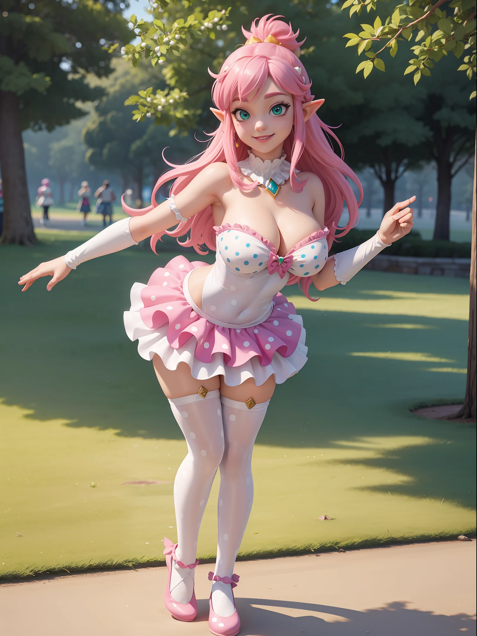 Princess Zelda, wearing white clown costume with colored polka dots, extremely sensual, tight on the body, clown makeup on the face, exaggeratedly large breasts, very sensual body, looking at the viewer, smiling, doing sensual pose, very short pink mohawk hair, sparkling green eyes, amusement park, is daytime, crowded, full, multiple people with different ethnicities in the park, toys, (((full body))), 16k, UHD, Better quality, better resolution, better detail