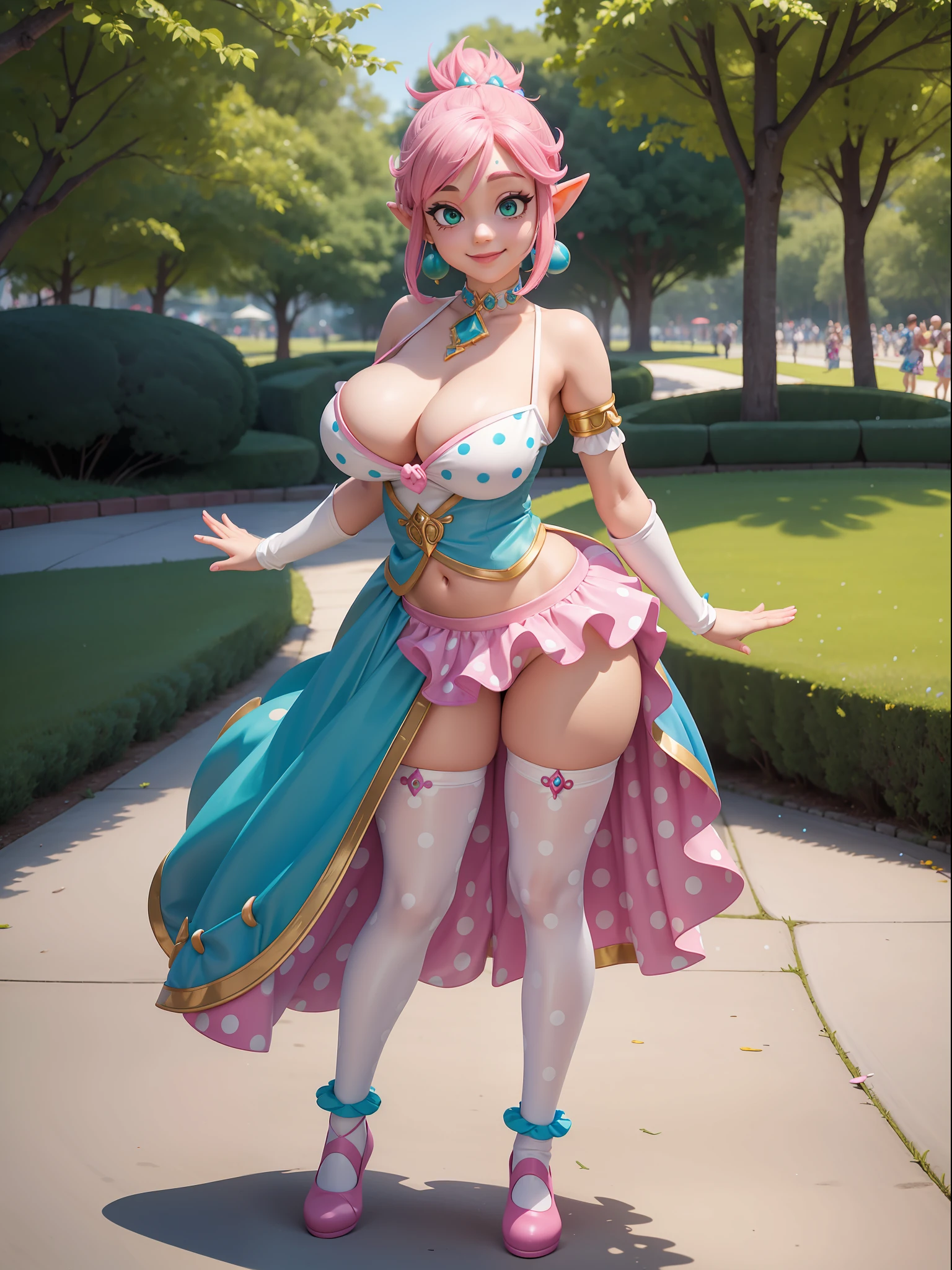 Princess Zelda, wearing white clown costume with colored polka dots, extremely sensual, tight on the body, clown makeup on the face, exaggeratedly large breasts, very sensual body, looking at the viewer, smiling, doing sensual pose, very short pink mohawk hair, sparkling green eyes, amusement park, is daytime, crowded, full, multiple people with different ethnicities in the park, toys, (((full body))), 16k, UHD, Better quality, better resolution, better detail