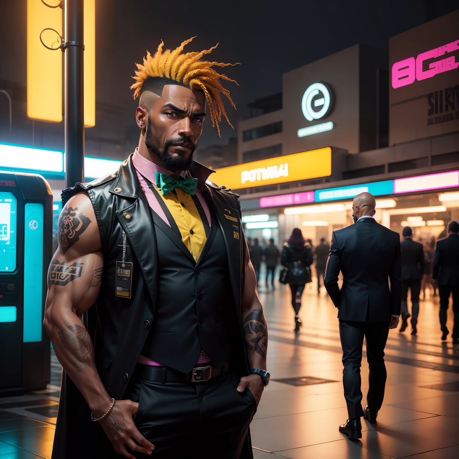 gostaria de uma imagem estilo cyberpunk em 4k de um homem de mais ou menos 40 anos ,portanto,portanto,africano, forte, musculoso,Bodybillder,muito forte de pele negra ,barba grande,barba, Estiloso Barbon,com cabelo punk estilo anos 80 na cor amarelo e cinza escuro,muito eLegante,, futurista e estiloso neon , com uma tatuagem super colorida e com neon ,Toattoo, facing a metro station on the platform , with station lights failing in a dimly lit environment, standing dressed in a dark yellow suit with a pink bow tie and baggy shirt.