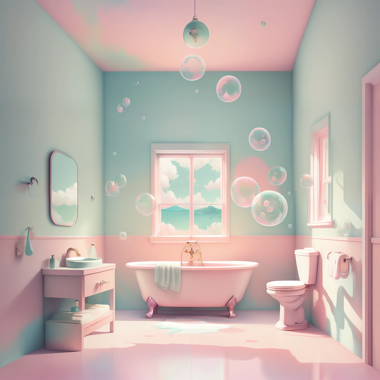 rz88p4stl, a (bathroom), bokeh, bubbles floating ,  dark clouds over over left the painting painted by james gurney, airbrush art book, intricately detailed, psychedelic, contrast, edge lighting, art by Jovana Tiri, Eric Falkiewicz, Hilma af Klint, and Hilma af Klint, in the style of George Calebignetk, Aperture f