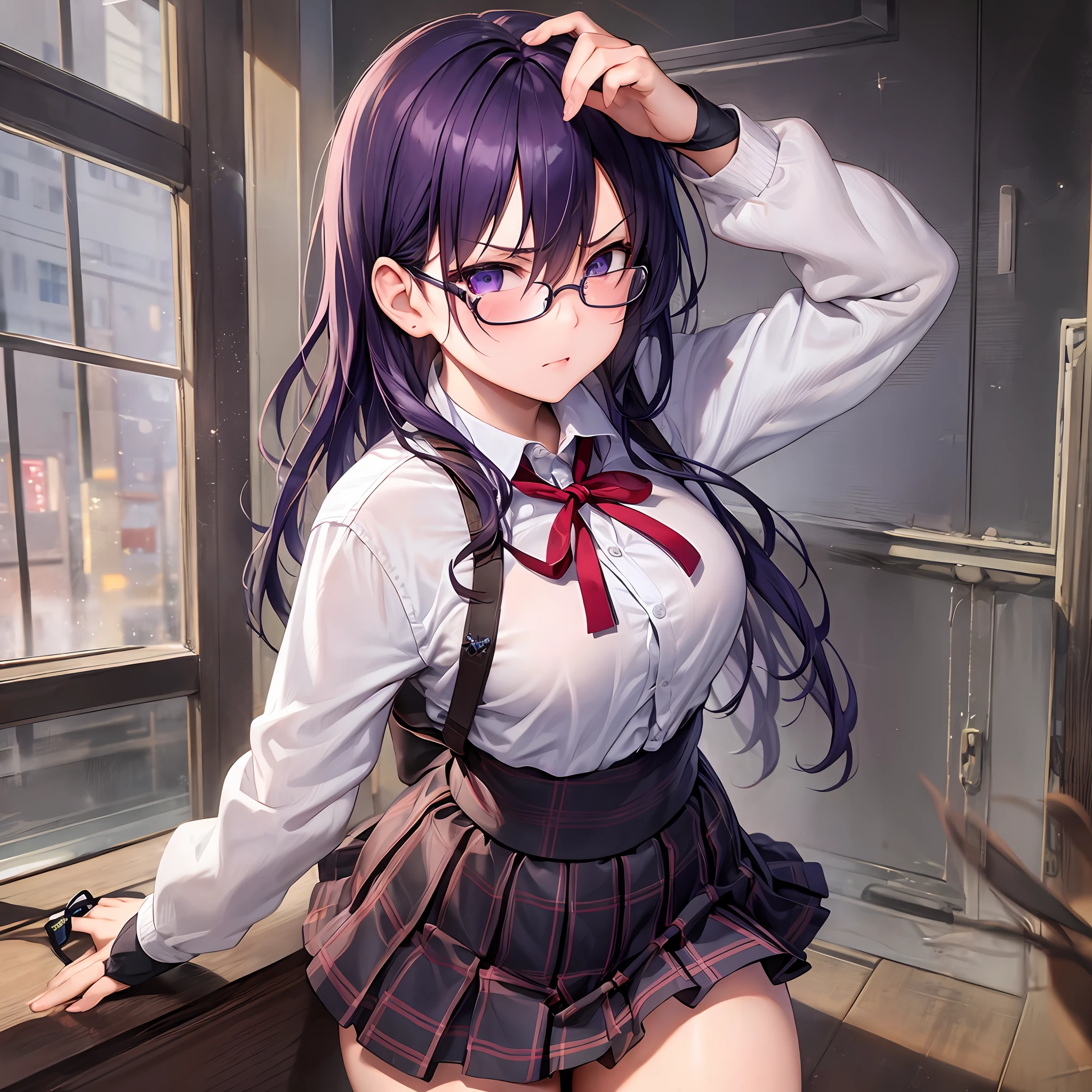 (masterpiece, best quality, ultra detailed, hyper realistic, photo),delicate pattern, detailed background, uncensored completely,
1raiden shogun, cowboy shot,  japanese girl, class room,
school uniform, loose collar, skirt, looking over eyewear,
hair between eyes,
put up index finger and one hand on hip,  angry with puffed cheeks,
from above, leaning forward,