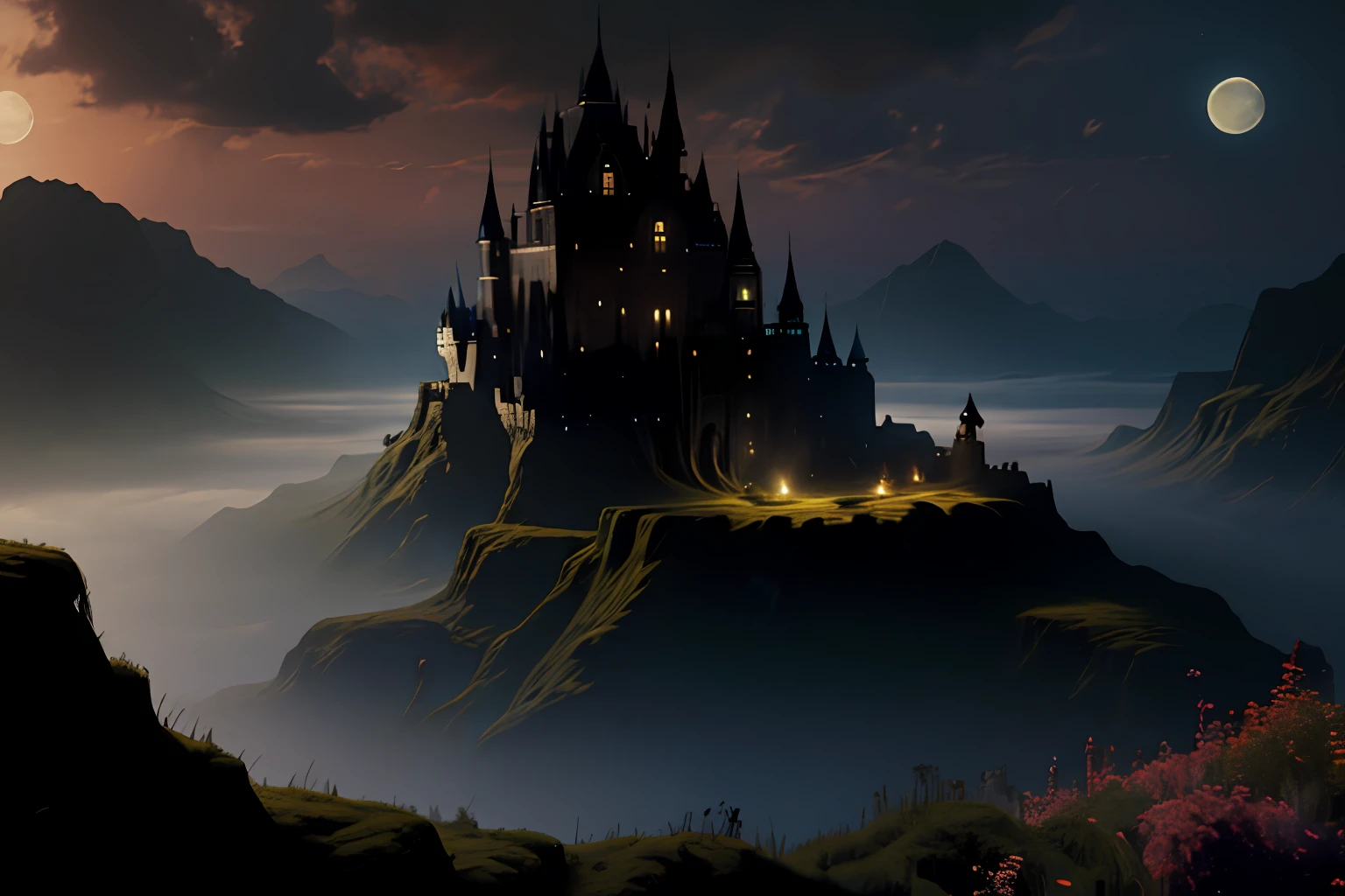 tmasterpiece，（best qualtiy：1.3），fantasy_world，Painting of a gloomy castle，dark ambiance，marshes，thin fog，themoon