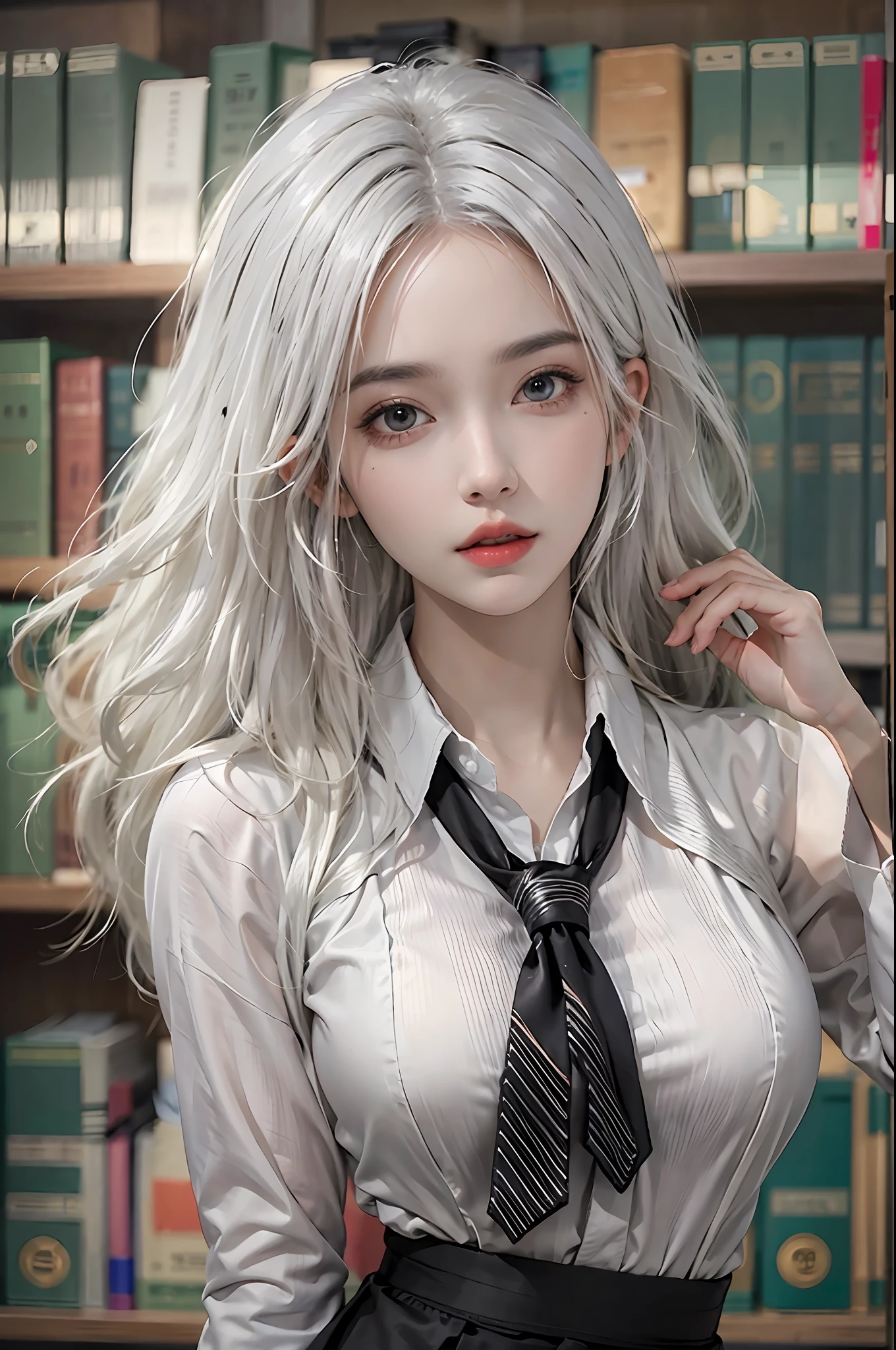 photorealistic, high resolution, 1 women, solo, hips_up, hips up, beautiful eyes, look at viewer, close lips, detailed face, white hair, long hair, collared shirt, black necktie,black skirt, pencil skirt, fur coat, stockings, library