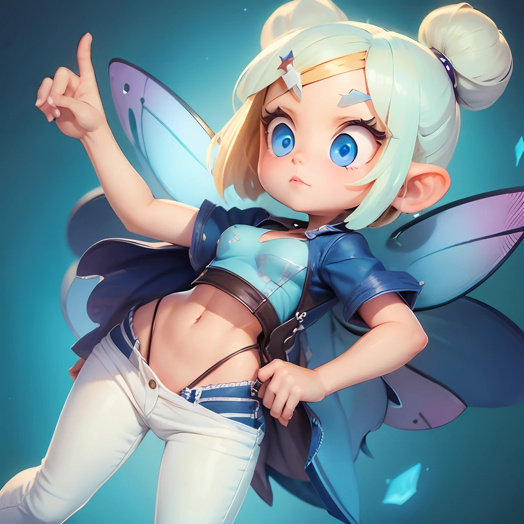Super cute mini petite fairy with blond hair blue eyes, super sexy leotard with very lowcut jeans