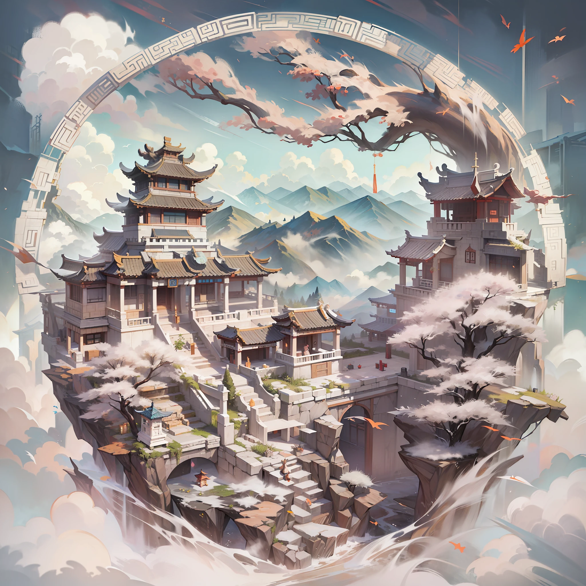 Baiyun is a fusion of various ancient buildings、Huge white clouds、、White ancient Chinese architecture、White Mountains，White Mountain Road、White stone steps、magnifica、Great Artwork、fantasy、mito、Mono Color、arma,cleavage,(Magical Circle:1.1),xiuxian