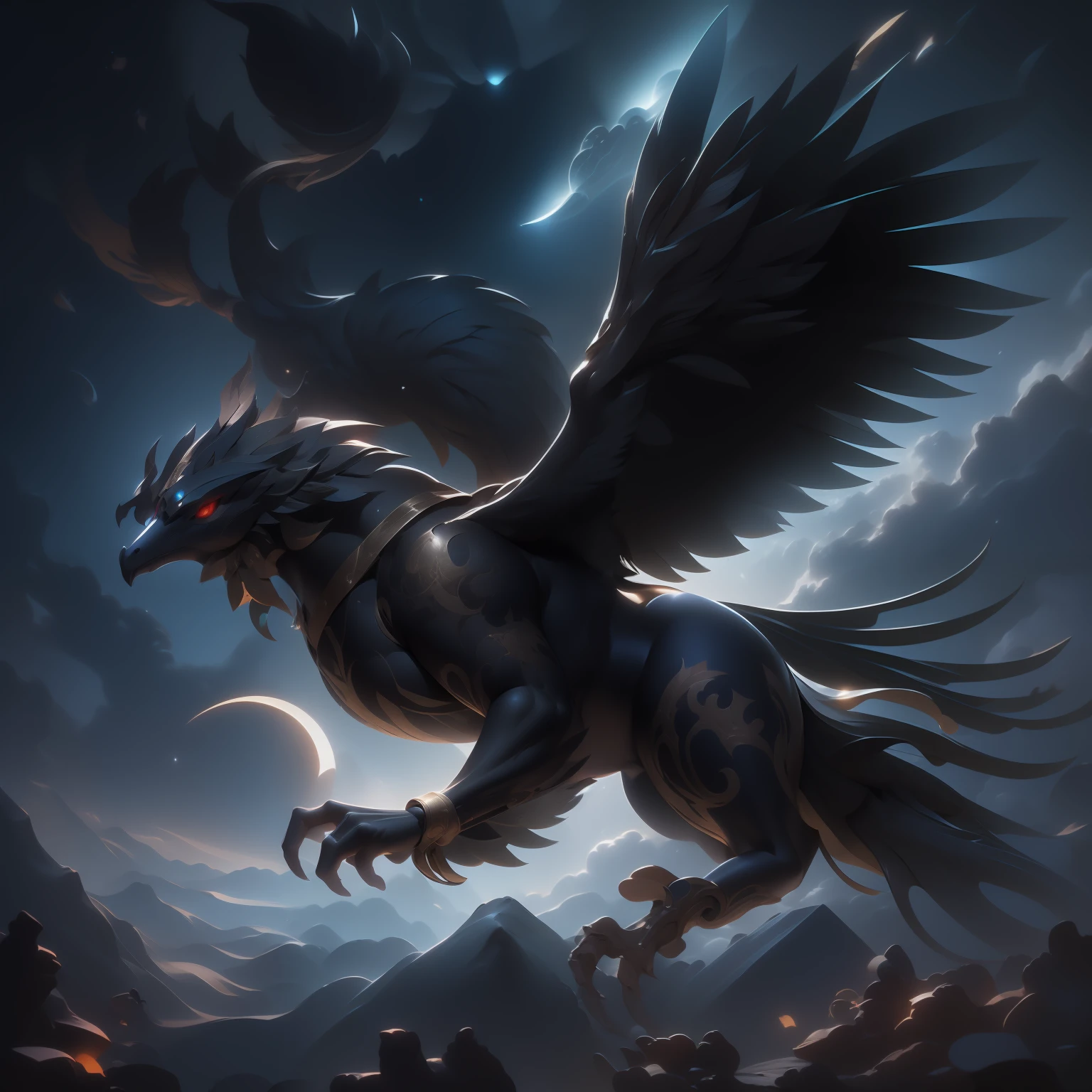 Prepare to be captivated by the enigmatic and powerful presence of Eclipse Fang, the Dark Gryphon, a mythical creature that commands both the skies and the shadows with an aura of ancient mystique and formidable might. Eclipse Fang soars through the heavens with wings that stretch wide, a striking fusion of midnight black feathers and shimmering silver accents that glint like the stars in the night sky.

His sharp talons and beak are as dark as the deepest abyss, exuding a sense of danger and prowess, while his eyes, like twin orbs of gleaming silver, hold an inscrutable and haunting gaze that seems to pierce through the very soul.

As the Dark Gryphon glides through the air, his presence casts an eerie shadow, enveloping the world below in a shroud of darkness. The very sun seems to wane in his presence, giving rise to an awe-inspiring eclipse, as if the heavens themselves bow in deference to his majesty.

Eclipse Fang's ethereal cry echoes through the skies, a haunting melody that resonates with both enchantment and foreboding. The air crackles with an electric energy, as if the forces of light and dark converge within the Dark Gryphon's wings.

The atmosphere surrounding Eclipse Fang is one of both wonder and trepidation, as the world beholds the mythical creature's celestial and mysterious allure. The scene is set amidst an ancient and mythical realm, where towering mountains and mystical forests create a mesmerizing backdrop, emphasizing the otherworldly and ethereal nature of Eclipse Fang.

The realization of this captivating and powerful scene is a true work of digital artistry, meticulously crafted to capture the essence of Eclipse Fang's grandeur and enigma. The interplay of light and shadow accentuates his majestic form, while the intricate details bring to life the interstellar glimmers on his wings and the mesmerizing depth of his silver eyes. The color palette is thoughtfully chosen to evoke a sense of celestial wonder and darkness, adding to the enigma