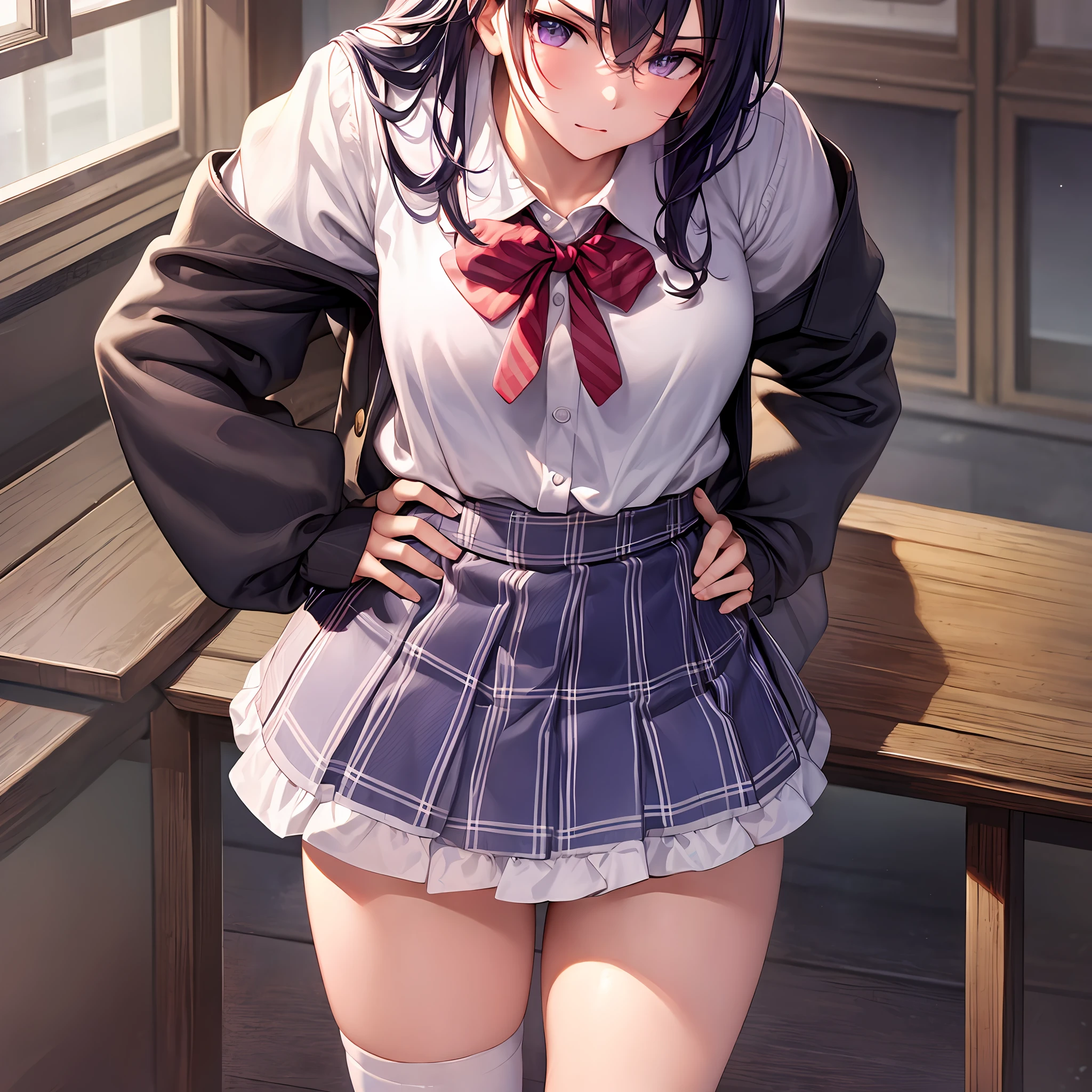 (masterpiece, best quality, ultra detailed, hyper realistic, photo),delicate pattern, detailed background, uncensored completely,
1raiden shogun, cowboy shot,  japanese girl, class room,
school uniform, loose collar, skirt, looking over eyewear,
hair between eyes,
put up index finger and one hand on hip,  angry with puffed cheeks,
from above, leaning forward,