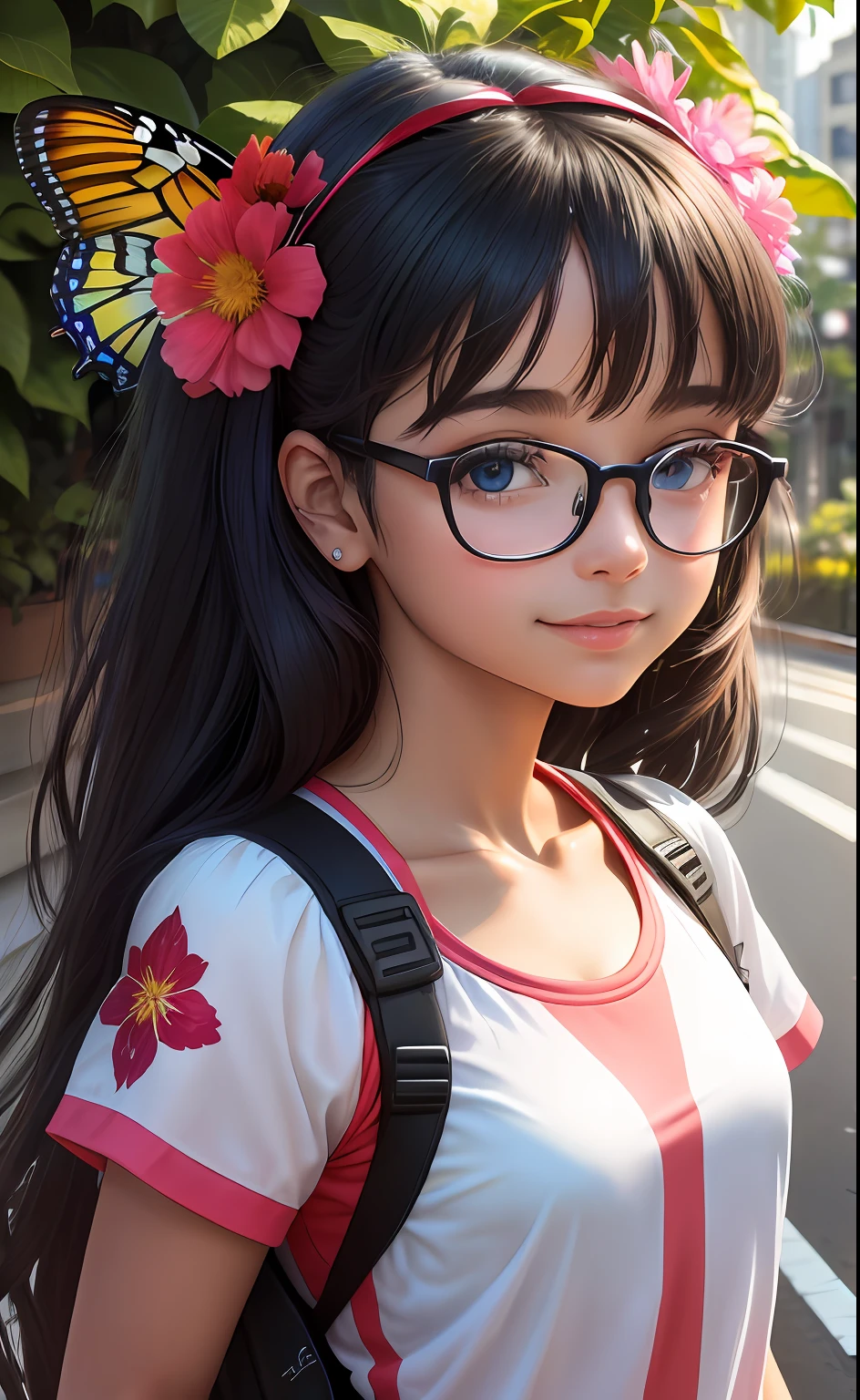 (highres, High lighting, 16k), red rimmed glasses, rosto longo, 1girl, Negra, rosto, rosto detalhado, olho azul, sentada em uma bicicleta com uma cesta na bicicleta repleta de flores nojardim, cabelo muito curto (encaracolado), She has a butterfly on her head, rosto fechado, sol no meio-dia, sorriso, :), olhando para o espectador, medium distance - intensity above, vestido vermelho com muitas flores coloridas , olhos meio fechados,