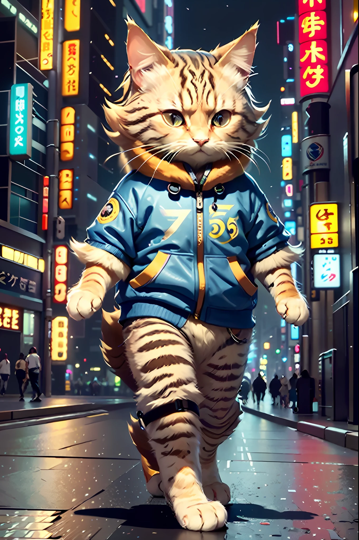 c4ttitude, Attentive eyes ,fur, challenger, agile, engaging, fashion clothing,nylon, Fast paws,walking at street, (Tokyo Night Street Background 2021),Masterpiece, Best quality, Ultra-detailed,8K wallpaper,Hyper-Resolution, Unreal 5
