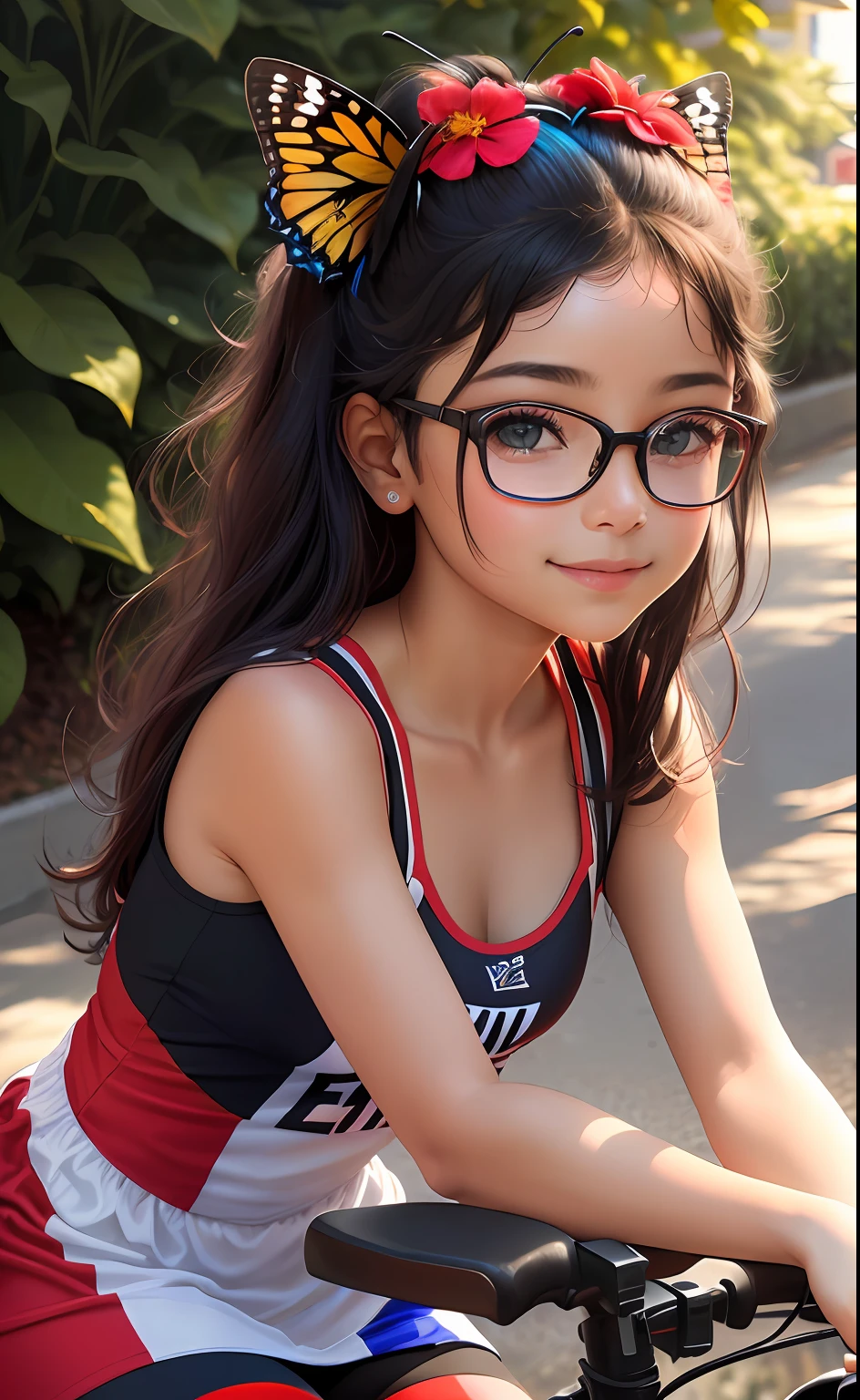 (highres, High lighting, 16k), red rimmed glasses, rosto longo, 1girl, Negra, rosto, rosto detalhado, olho azul, sentada em uma bicicleta com uma cesta na bicicleta repleta de flores nojardim, cabelo muito curto (encaracolado), She has a butterfly on her head, rosto fechado, sol no meio-dia, sorriso, :), olhando para o espectador, medium distance - intensity above, vestido vermelho com muitas flores coloridas , olhos meio fechados,