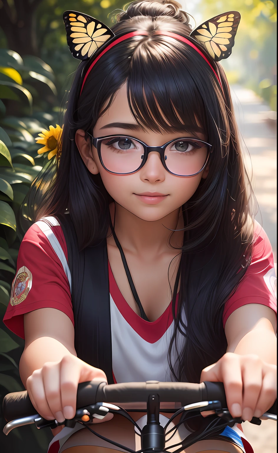 (highres, High lighting, 16k), red rimmed glasses, rosto longo, 1girl, Negra, rosto, rosto detalhado, olho azul, sentada em uma bicicleta com uma cesta na bicicleta repleta de flores nojardim, cabelo muito curto (encaracolado), She has a butterfly on her head, rosto fechado, sol no meio-dia, sorriso, :), olhando para o espectador, medium distance - intensity above, vestido vermelho com muitas flores coloridas , olhos meio fechados,