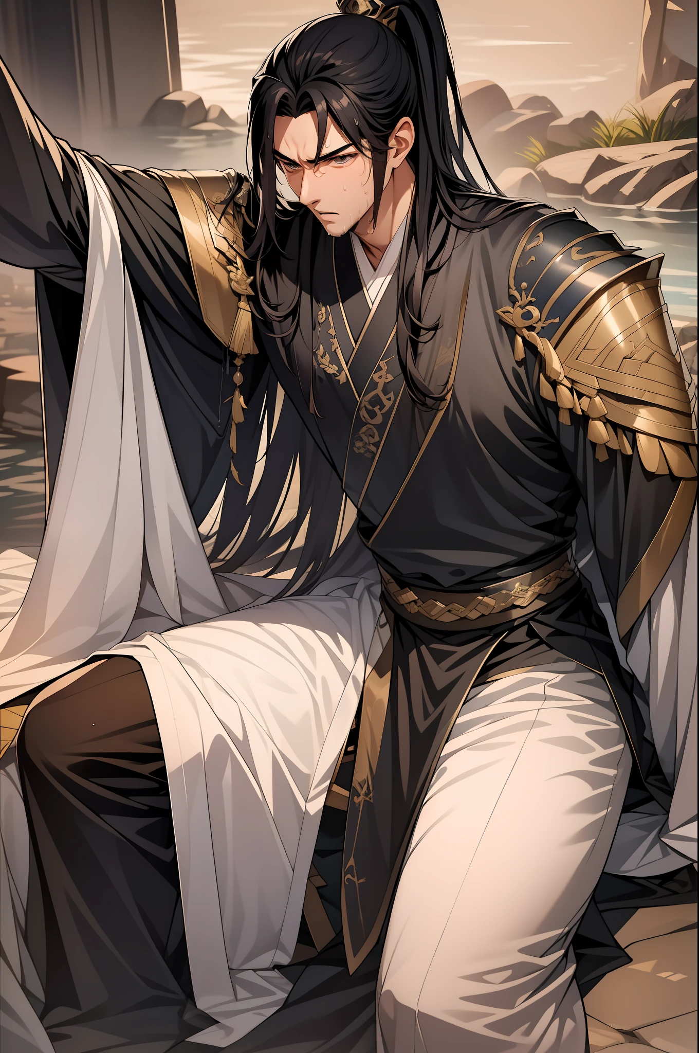 quadratic element，style of anime，1 man（Male Warrior），musculature，The proportions are correct，Face details，swordsmen，High ponytail hairstyle，perspired，Sweat on the face，drools，Neck details，There is an Adam's apple，Get wet，Drenched，Black Hanfu，kaftan，Embroidered robes，Black robe，clothes details，Handing over，longer sleeves，Game quality，Swordsmanship，Light and shadow tracking，Ray traching，detailed glow，cg render，hair detail，cabelos preto e longos，Golden eyes，Sweat on the face，Handsome，Handsome，Beads of sweat slipped down my neck，（juvenile sense），Clothing is complicated，Drenched，Get wet，Perfectcomposition，Refinement，high qulity，higher details，Lots of details，The background is complex，a sense of atmosphere，