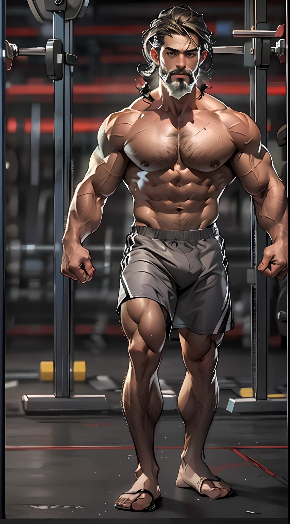 Robust athlete man, upper body revealed, legs uncovered from thighs to feet, bearded with beaded accents, flowing long curls, meticulous muscle definition, lifelike representation, 4K quality. Background: Gymnasium with weights and exercise equipment.,32k uhd, best quality, masterpiece, super detail, high details