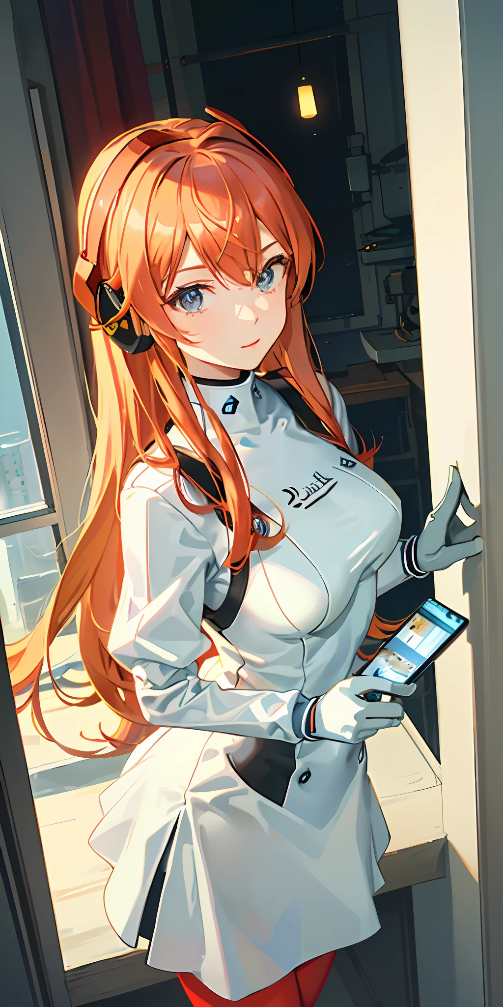 (Overhead view),dynamic angle,ultra-detailed, illustration, close-up, straight on, 1girl, 
 ((souryuu asuka langley, interface headset, red bodysuit:1.4, blonde)),Her eyes shone like dreamy stars,(glowing eyes:1.233),(beautiful and detailed eyes:1.1),(expressionless,closed mouth),(standing), 
(mechanic room with toolsand spaceship windowin a white SPACESHIP),
(night:1.2),dreamy, [[delicate fingers and hands:0.55]::0.85],(detail fingers),