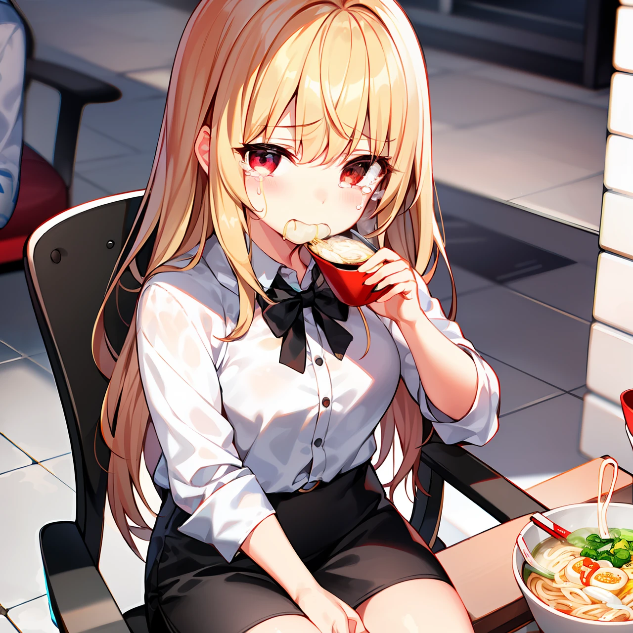 One was wearing a white blouse,Girl in black miniskirt,The clothes were torn apart,Eyes filled with tears,Eating instant noodles