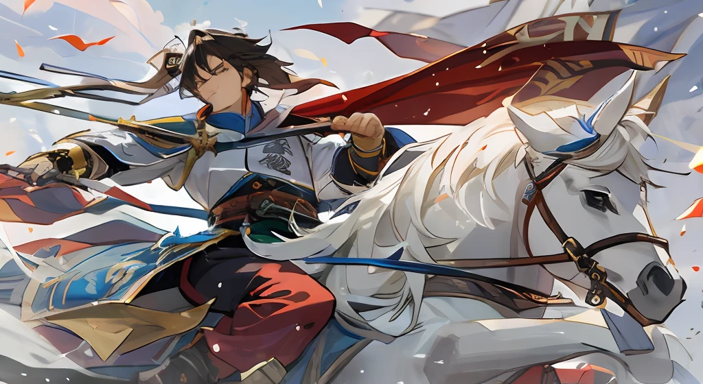 Anime character Zhao Yun|ember|Knight in armor|Costume knighthood|Zhao Yun rode a horse|holding a sword|Golden Dragon Flag