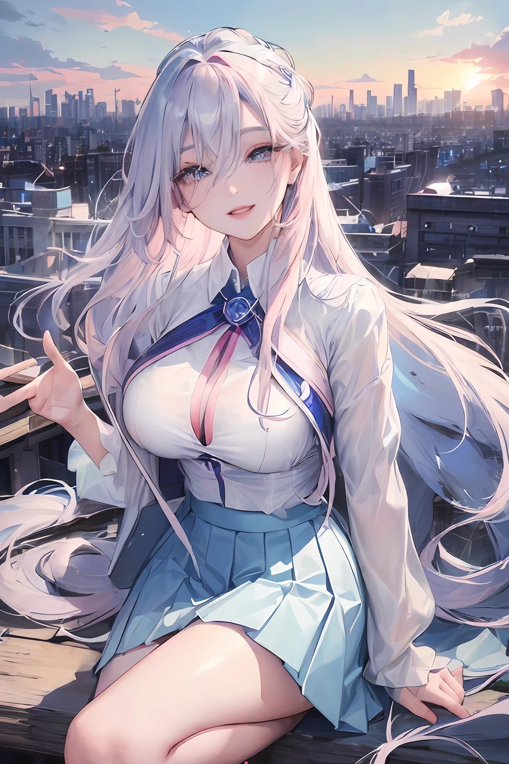 official art, masterpiece, sharp focus, (beautiful gorgeous cute Korean woman:1.3), (beautiful cute korean:1.3), korean beauty, Delicate and beautiful hair and eyes and face, realistic, ultra detailed, beautiful girl, blue sky, glow white particle, (sidelighting:1.2), sun light, white cloud, detailed clouds, slender, Lovely very large breasts and very large hips, smile with teeth, ((smile with eyes, open both eyes)), scenery, long straight hair, sexy facial expression, building, (cityscape:1.7), dynamic hair, long straight hair, detailed platinum pink hair, glow blue eyes, (blue pleated shirts + white skirt), white long socks, pale skin, hair ornament, epic scenery,