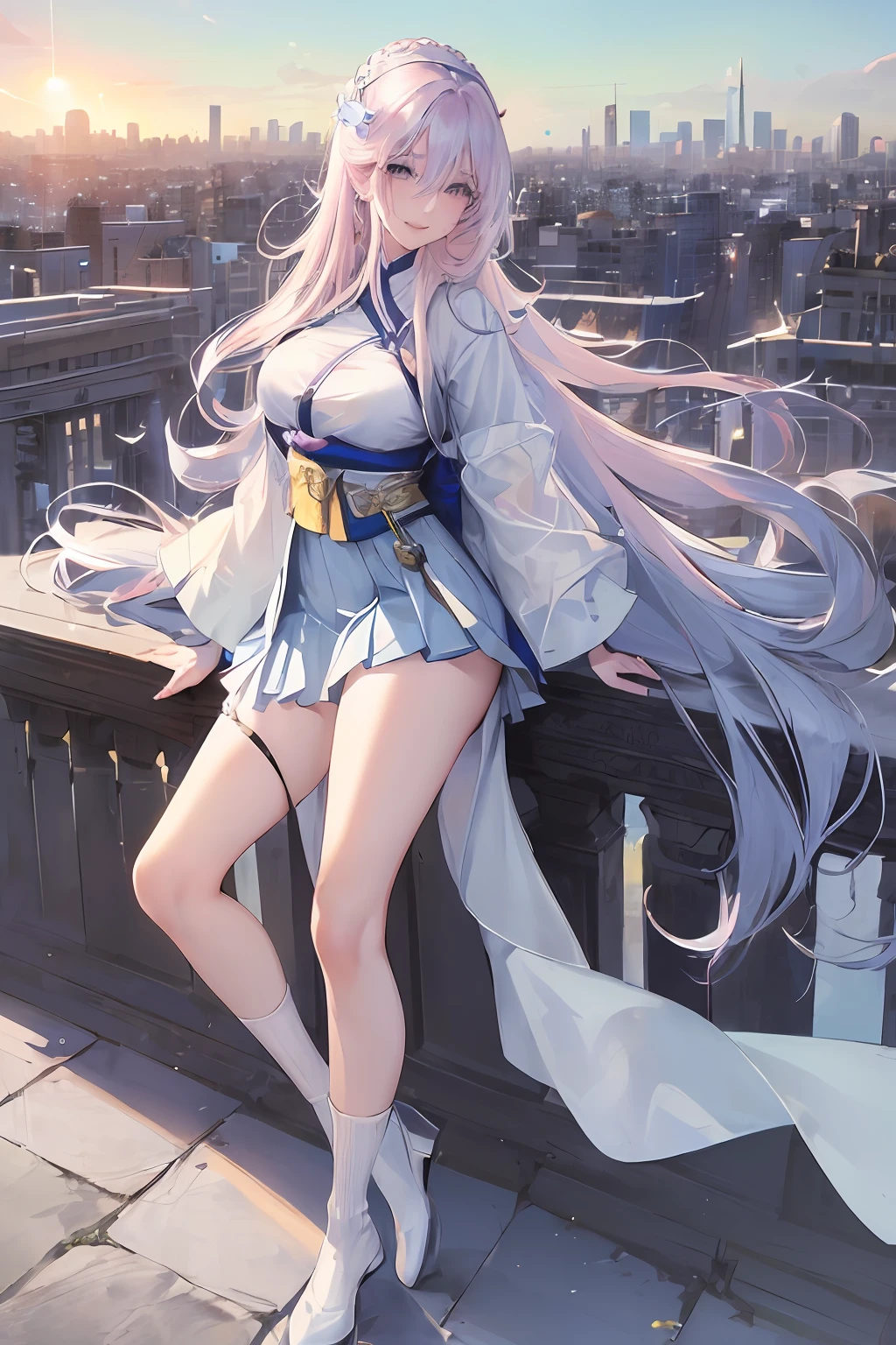 official art, masterpiece, sharp focus, (beautiful gorgeous cute Korean woman:1.3), (beautiful cute korean:1.3), korean beauty, Delicate and beautiful hair and eyes and face, realistic, ultra detailed, beautiful girl, blue sky, glow white particle, (sidelighting:1.2), sun light, white cloud, detailed clouds, slender, Lovely very large breasts and very large hips, smile with teeth, ((smile with eyes, open both eyes)), scenery, long straight hair, sexy facial expression, building, (cityscape:1.7), dynamic hair, long straight hair, detailed platinum pink hair, glow blue eyes, (blue pleated shirts + white skirt), white long socks, pale skin, hair ornament, epic scenery,