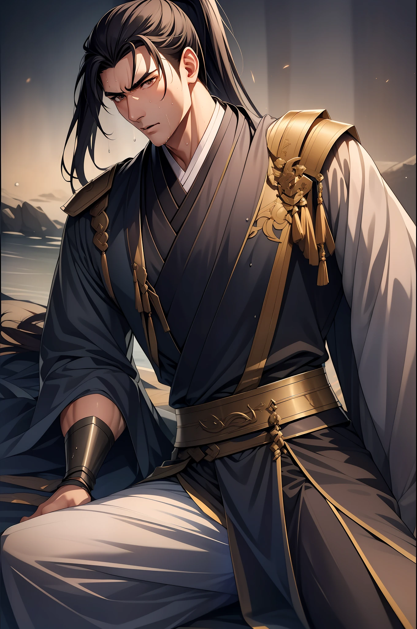quadratic element，style of anime，1 man（Male Warrior），musculature，The proportions are correct，Face details，swordsmen，High ponytail hairstyle，perspired，Sweat on the face，drools，Neck details，There is an Adam's apple，Get wet，Drenched，Black Hanfu，kaftan，Embroidered robes，Black robe，clothes details，Handing over，longer sleeves，Game quality，Swordsmanship，Light and shadow tracking，Ray traching，detailed glow，cg render，hair detail，cabelos preto e longos，Golden eyes，Sweat on the face，Handsome，Handsome，Beads of sweat slipped down my neck，（juvenile sense），Clothing is complicated，Drenched，Get wet，Perfectcomposition，Refinement，high qulity，higher details，Lots of details，The background is complex，a sense of atmosphere，