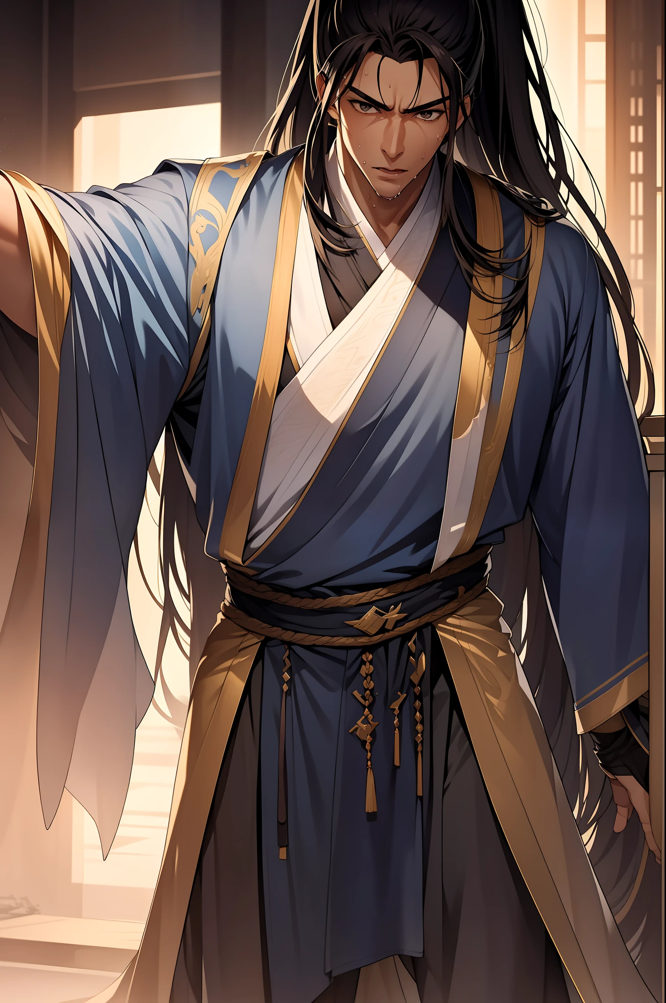 quadratic element，style of anime，1 man（Male Warrior），musculature，The proportions are correct，Face details，swordsmen，High ponytail hairstyle，perspired，Sweat on the face，drools，Neck details，There is an Adam's apple，Get wet，Drenched，Black Hanfu，kaftan，Embroidered robes，Black robe，clothes details，Handing over，longer sleeves，Game quality，Swordsmanship，Light and shadow tracking，Ray traching，detailed glow，cg render，hair detail，cabelos preto e longos，Golden eyes，Sweat on the face，Handsome，Handsome，Beads of sweat slipped down my neck，（juvenile sense），Clothing is complicated，Drenched，Get wet，Perfectcomposition，Refinement，high qulity，higher details，Lots of details，The background is complex，a sense of atmosphere，