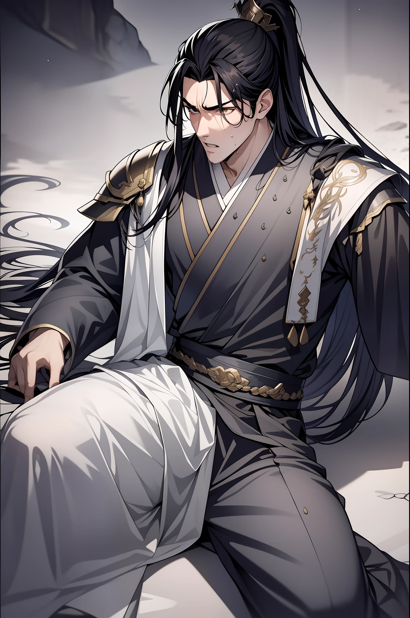 quadratic element，style of anime，1 man（Male Warrior），musculature，The proportions are correct，Face details，swordsmen，High ponytail hairstyle，perspired，Sweat on the face，drools，Neck details，There is an Adam's apple，Get wet，Drenched，Black Hanfu，kaftan，Embroidered robes，Black robe，clothes details，Handing over，longer sleeves，Game quality，Swordsmanship，Light and shadow tracking，Ray traching，detailed glow，cg render，hair detail，cabelos preto e longos，Golden eyes，Sweat on the face，Handsome，Handsome，Beads of sweat slipped down my neck，（juvenile sense），Clothing is complicated，Drenched，Get wet，Perfectcomposition，Refinement，high qulity，higher details，Lots of details，The background is complex，a sense of atmosphere，
