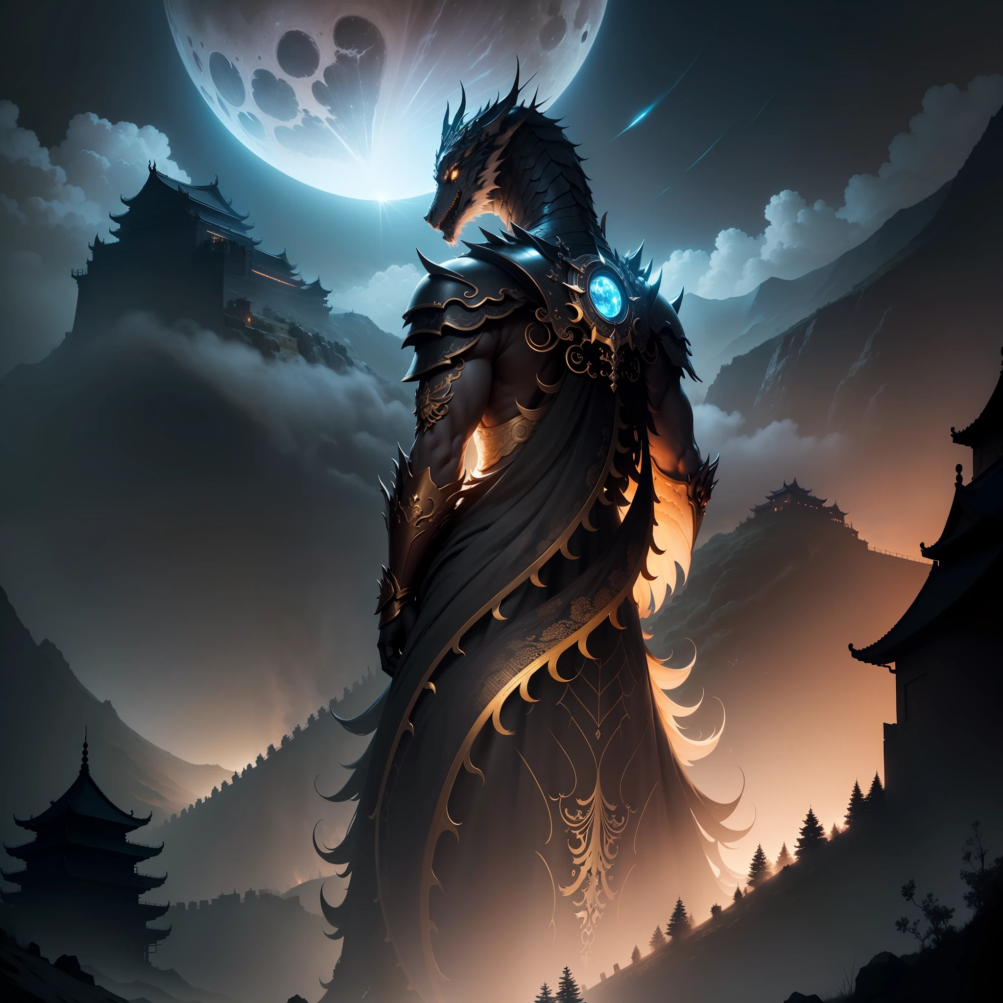 (deep in the night)best qualtiy,1080K,Natural light,Dark clouds in the sky obscured half of the moon。The ground is lifeless,A golden dragon circled in the middle, and white mist surrounded an ancient Chinese fortress in dark red。You can see the city lights in the distance,Surrealism, Futurism, from below, super detail, high details, highres, masterpiece, UHD,Dreamy picture,Aesthetic style
