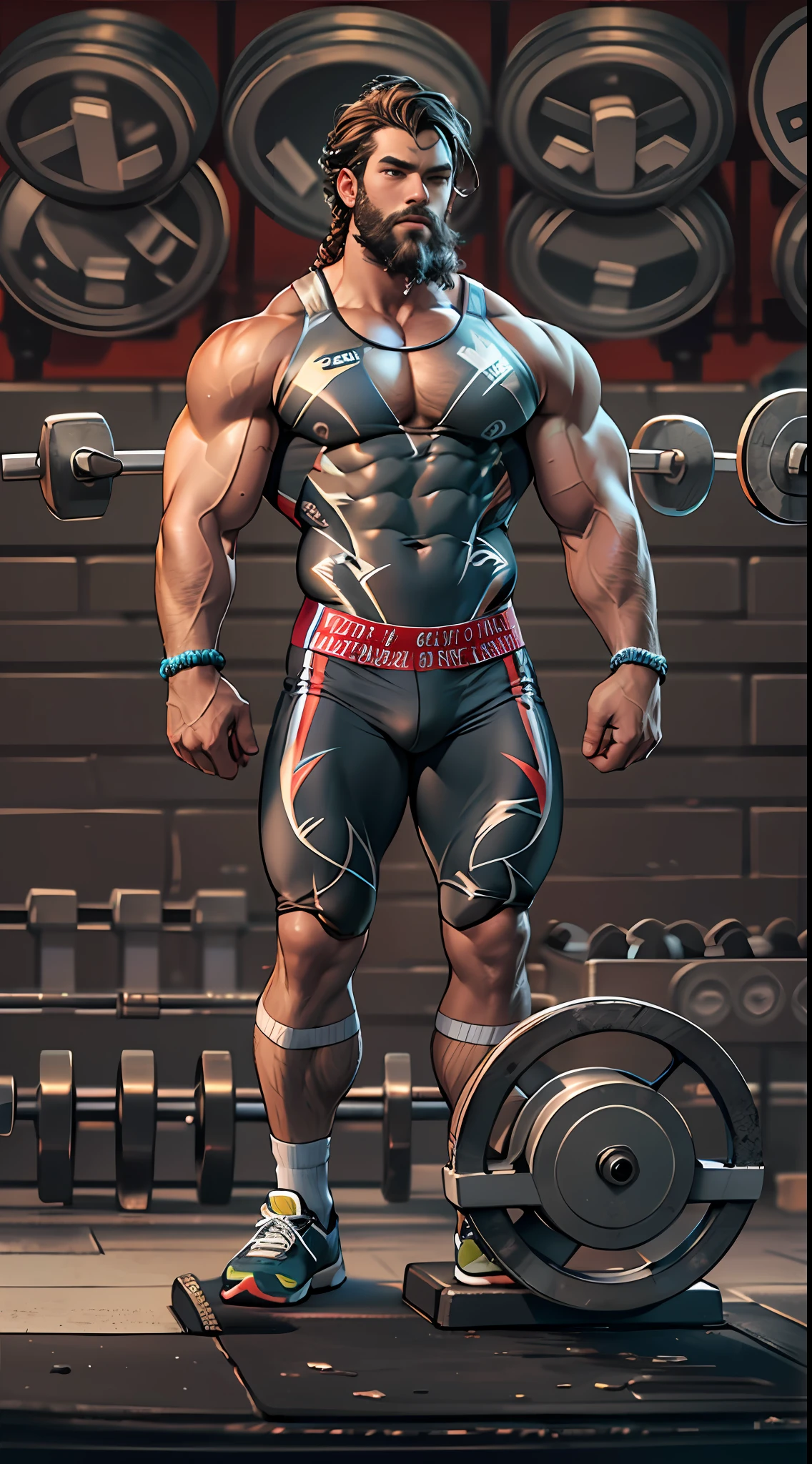Robust athlete man, upper body revealed, legs uncovered from thighs to feet, bearded with beaded accents, flowing long curls, meticulous muscle definition, lifelike representation, 4K quality. Background: Gymnasium with weights and exercise equipment.,32k uhd, best quality, masterpiece, super detail, high details
