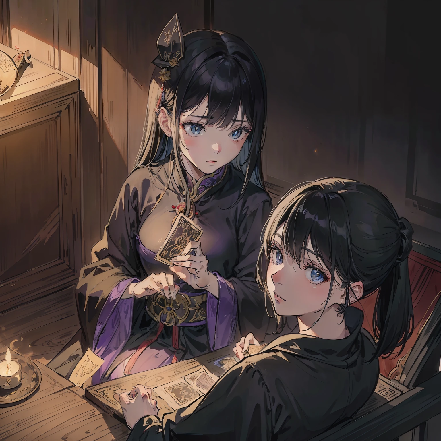 Mulher sentada em uma mesa, Playing Tarot Cards, soft-lighting, concentrated expression, mystic atmosphere, sombras sutis, cartas brilhantes, fundo escuro, touch of mystery,desenho antigo.