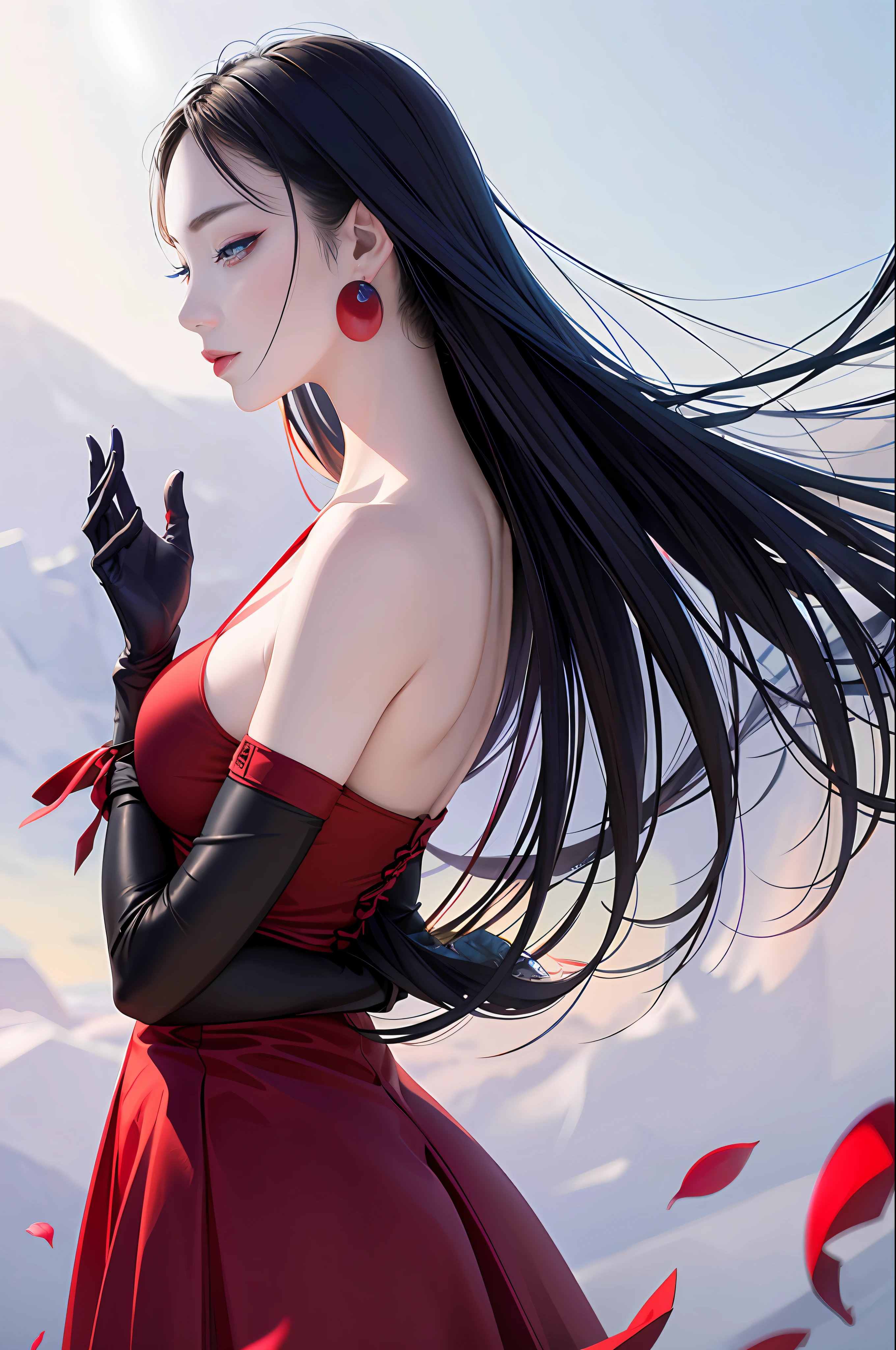 tsuruta ichiro, Narrow-eyed, 1girl in, Allback、shorth hair、brow、Reluctance、A dark-haired、Tucked Hair Solo, Cowgirl, Red dress, ((mideum breasts)), Thin slit eyes、blue grey eyes, Random colored hair, gloves, Dress, Jewelry, earrings, sharp eye、Red Glove, elbow groves,Raise your hands and tie your hair back, random color, random color dress, From Side, makeup, Slender eyes、lip stick, Complex petal pattern, Rim Light, Back Light, pastel color,
