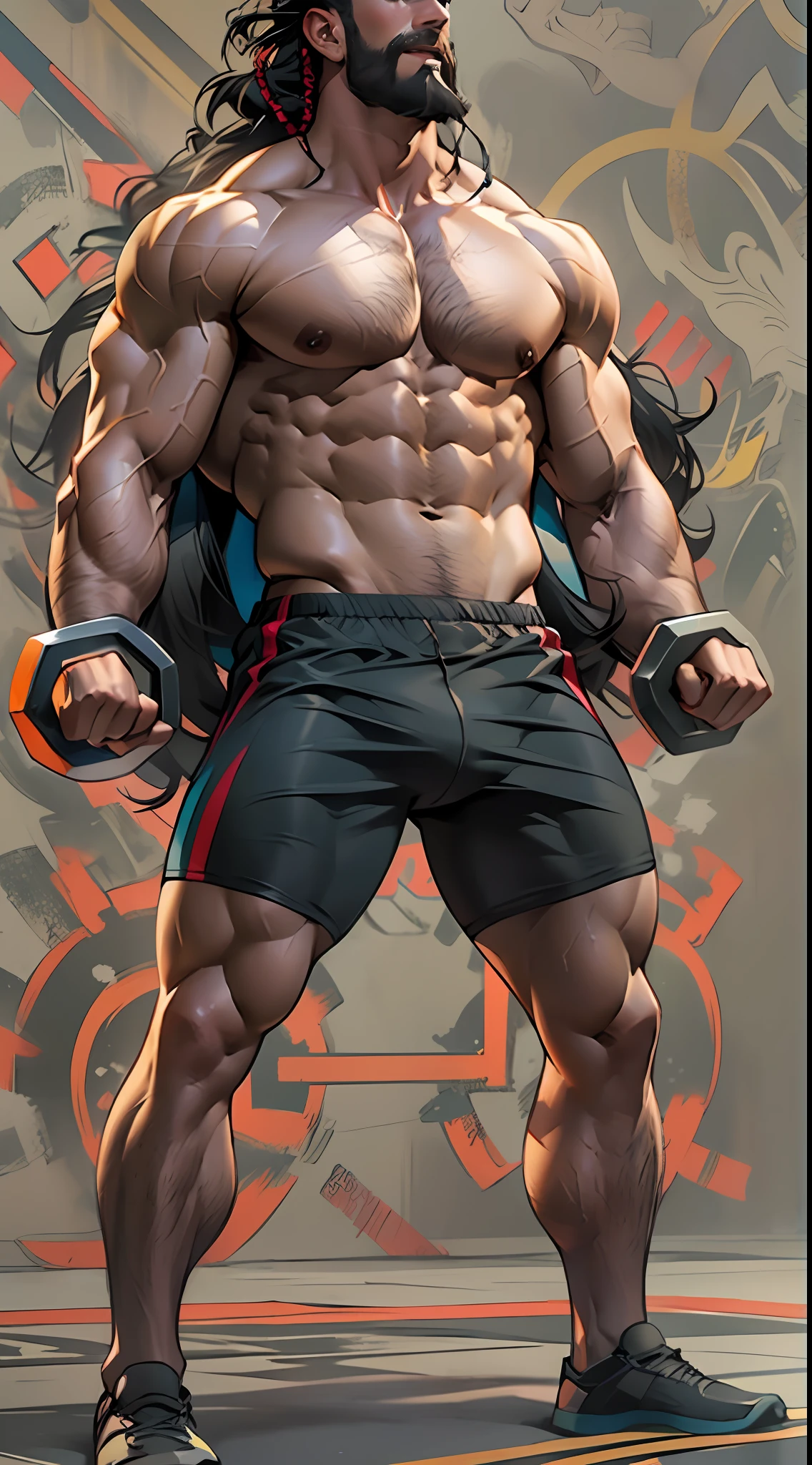 Robust athlete man, upper body revealed, legs uncovered from thighs to feet, bearded with beaded accents, flowing long curls, meticulous muscle definition, lifelike representation, 4K quality. Background: Gymnasium with weights and exercise equipment.,32k uhd, best quality, masterpiece, super detail, high details