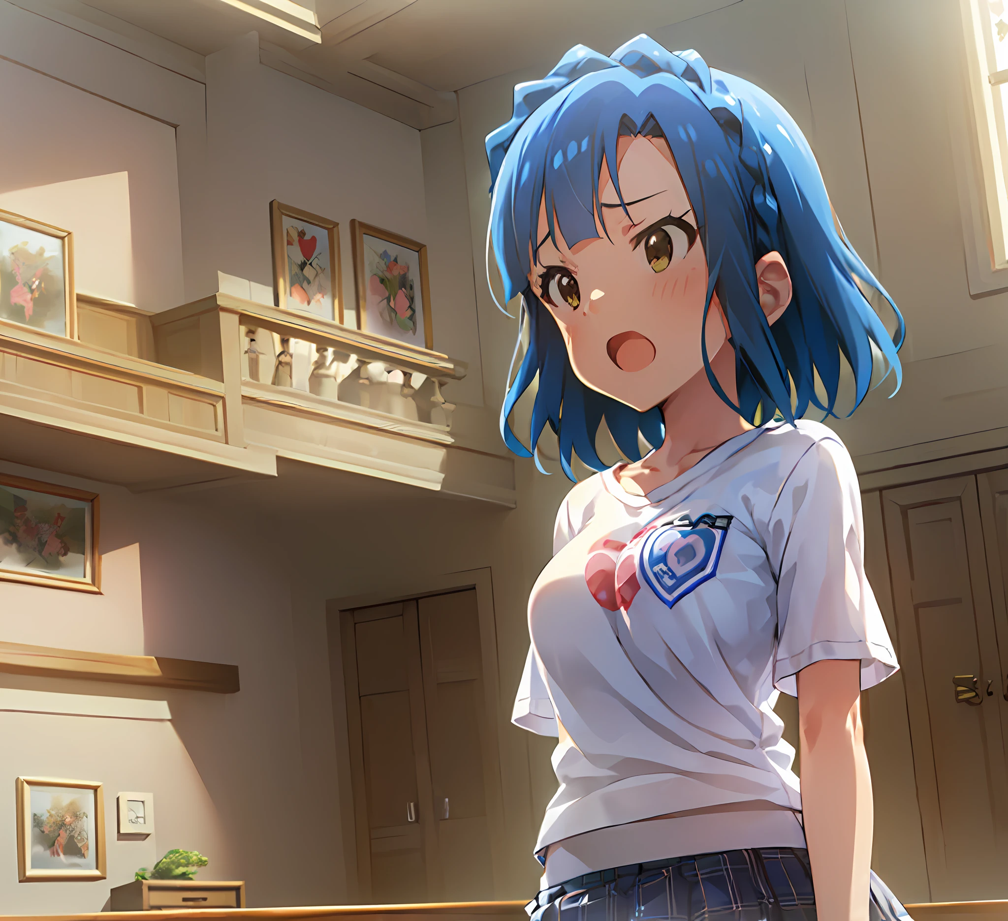 yuriko nanao (million live). Short stature. (((white t-shirts))).(((Skirt))).(((masterpiece))).(((best quality))).((Ultra-detailed))).(((illustratio))). (((Standing))).(((a room))).(((up chest))).((Despair face)).(((short-hair))).((big breasts)).((Opening Mouth)).evening glow.the setting sun.((Heart on chest)).