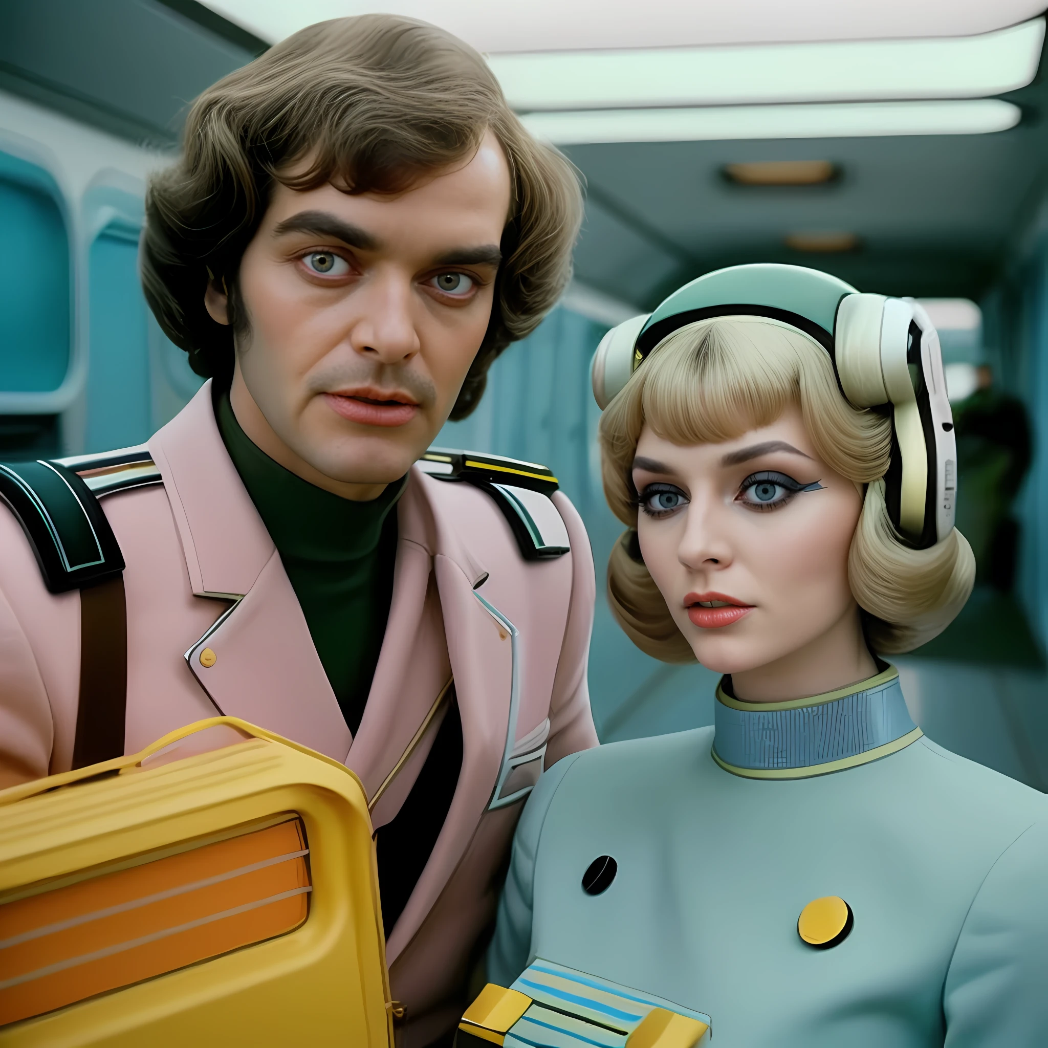 There is a man and a woman dressed in uniforms posing for a photo, 7 0's vintage sci - estilo fi, Retro Sci - Imagem de FI, Space Odyssey, retro science fiction film, 7 0 s science fiction, Stanley Kubrick sonhador, 70s retro sci-fi, supermarionation, Sci-fi dos anos 70, 1 9 7 0's sci - fi movie