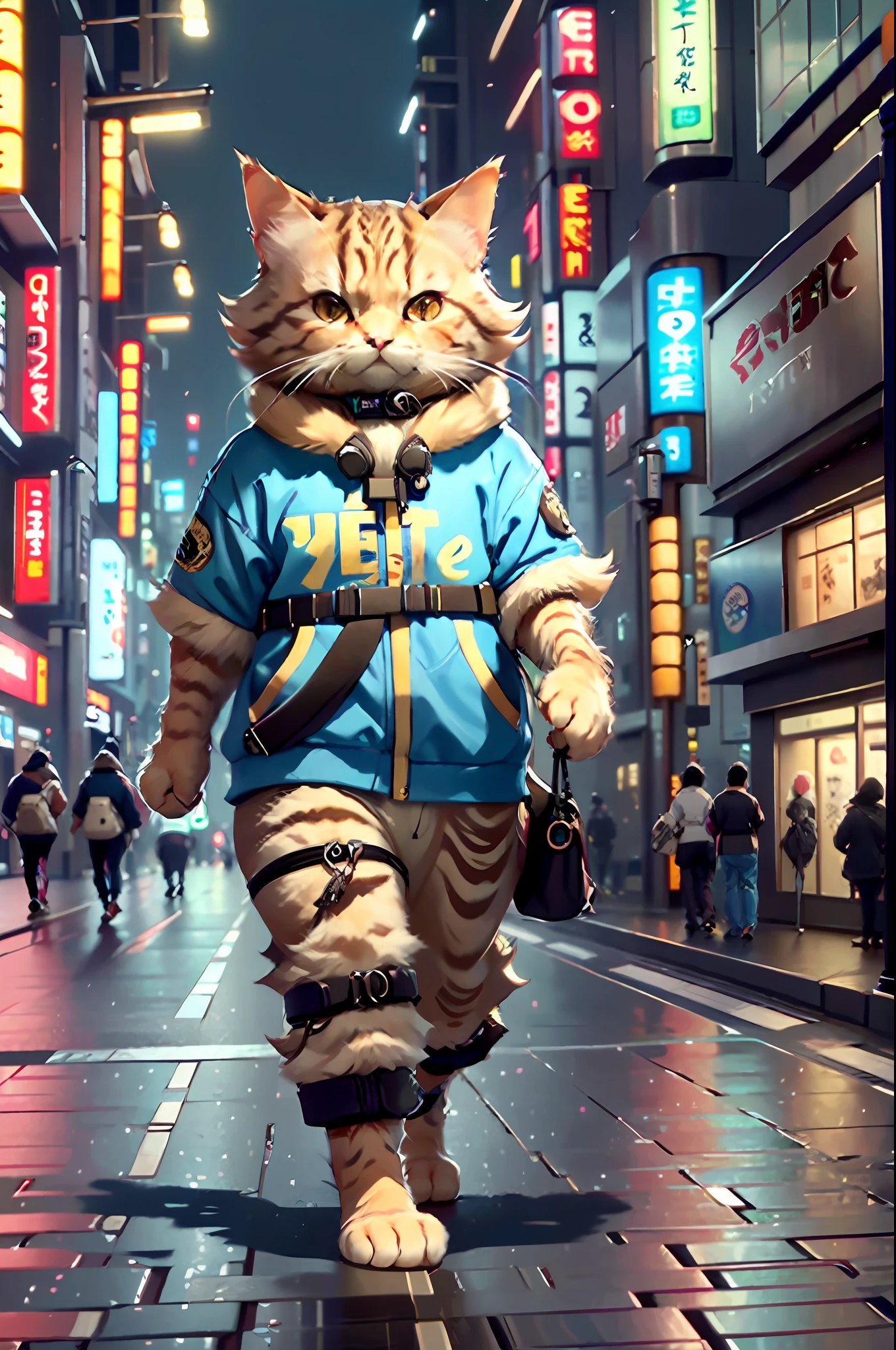 White female c4ttitude, Attentive eyes ,fur, challenger, agile, engaging, Fashion clothing,nylon, Fast paws,walking at street, (Tokyo Night Street Background 2021),Masterpiece, Best quality, Ultra-detailed,8K wallpaper,Hyper-Resolution， Unreal 5
