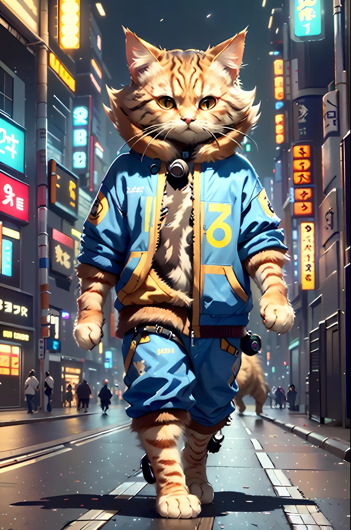 c4ttitude, Attentive eyes ,fur, challenger, agile, engaging, Fashion clothing,nylon, Fast paws,walking at street, (Tokyo Night Street Background 2021),Masterpiece, Best quality, Ultra-detailed,8K wallpaper,Hyper-Resolution， Unreal 5