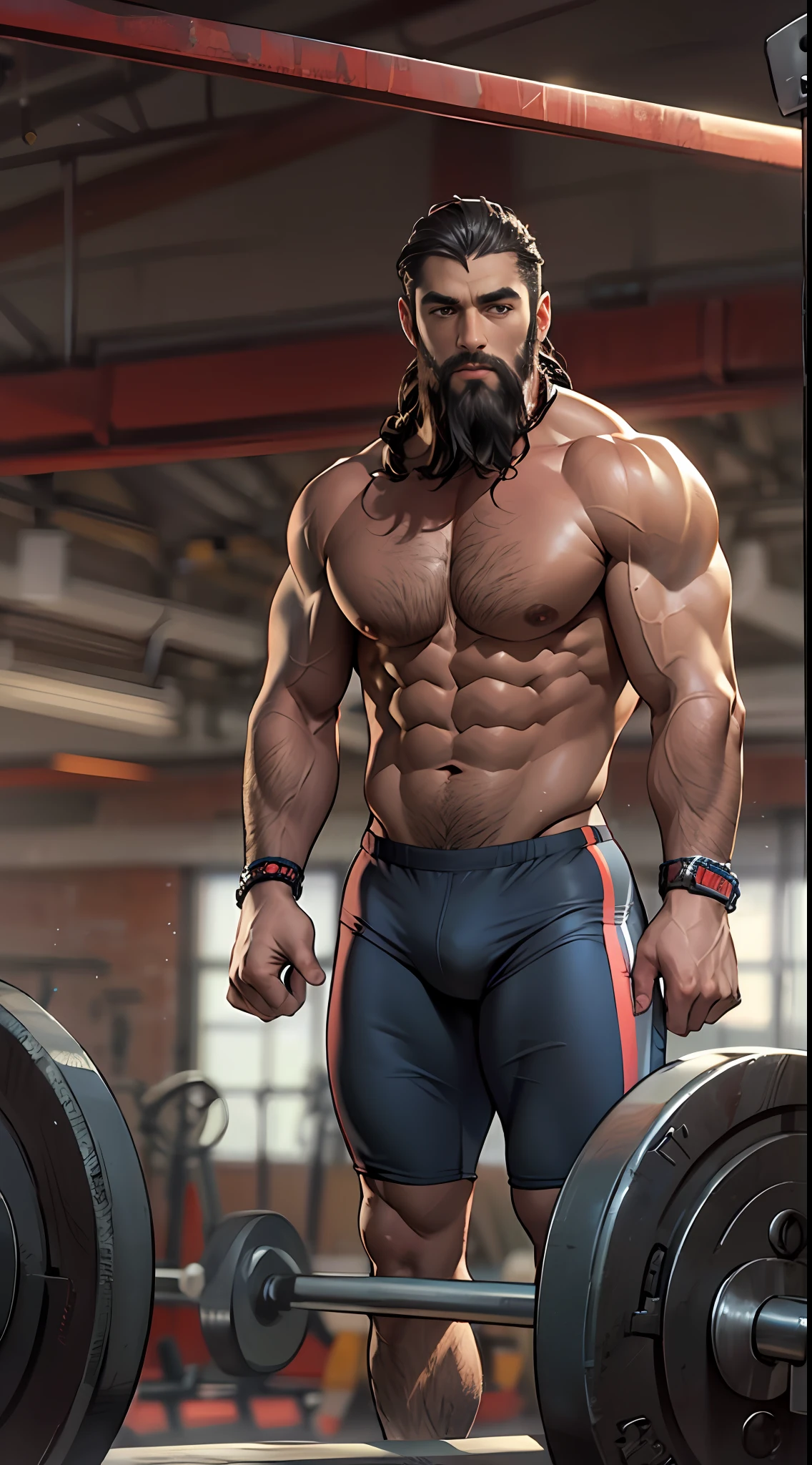 Robust athlete man, upper body revealed, legs uncovered from thighs to feet, bearded with beaded accents, flowing long curls, meticulous muscle definition, lifelike representation, 4K quality. Background: Gymnasium with weights and exercise equipment.,32k uhd, best quality, masterpiece, super detail, high details