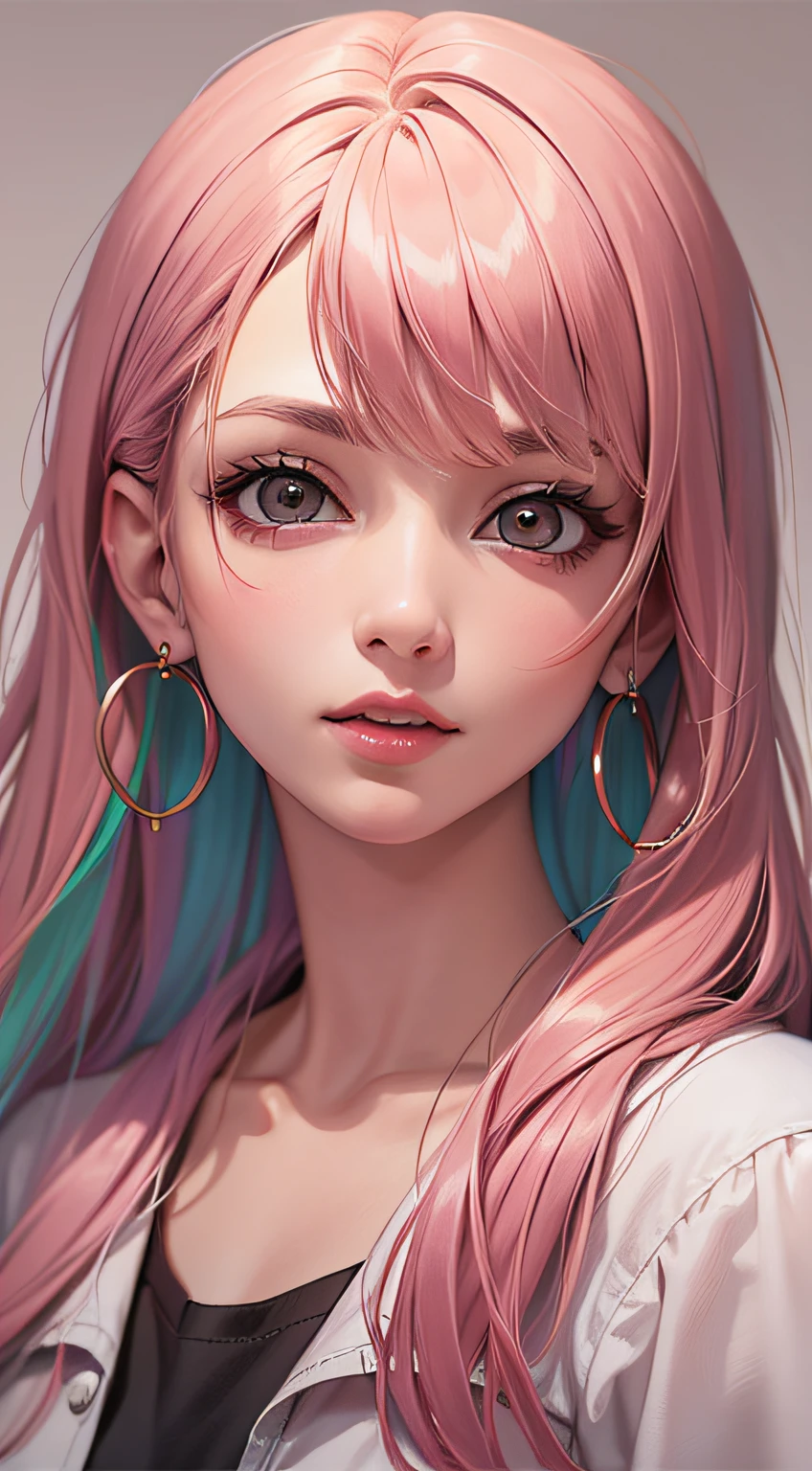 best quality, cartoon_portrait, 1girl, solo, long hair, looking at viewer, blonde hair, simple background, shirt, brown eyes, white shirt, pink hair, multicolored hair, earrings, lips,