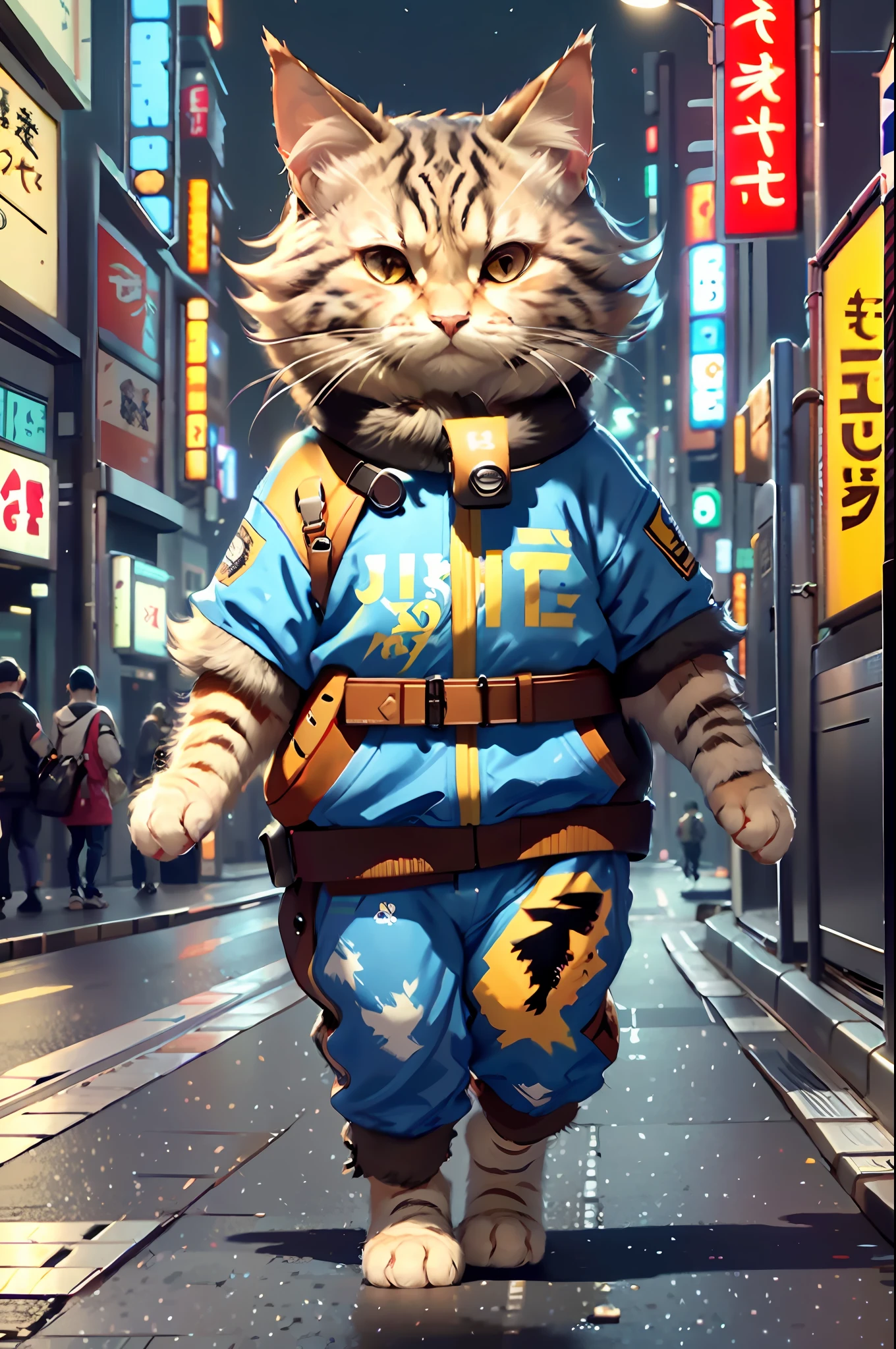 White female c4ttitude, Attentive eyes ,fur, challenger, agile, engaging, Fashion clothing,nylon, Fast paws,walking at street, (Tokyo Night Street Background 2021),Masterpiece, Best quality, Ultra-detailed,8K wallpaper,Hyper-Resolution， Unreal 5