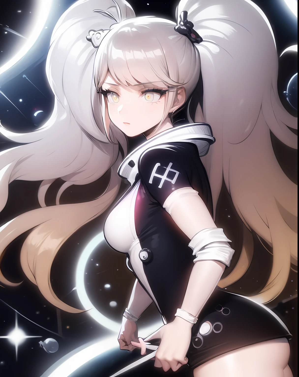 masterpiece, best quality, 1girl, (space), spacecraft, (spacesuit), upper body, from side, science fiction, yellow eyes, twintails, silver hair,