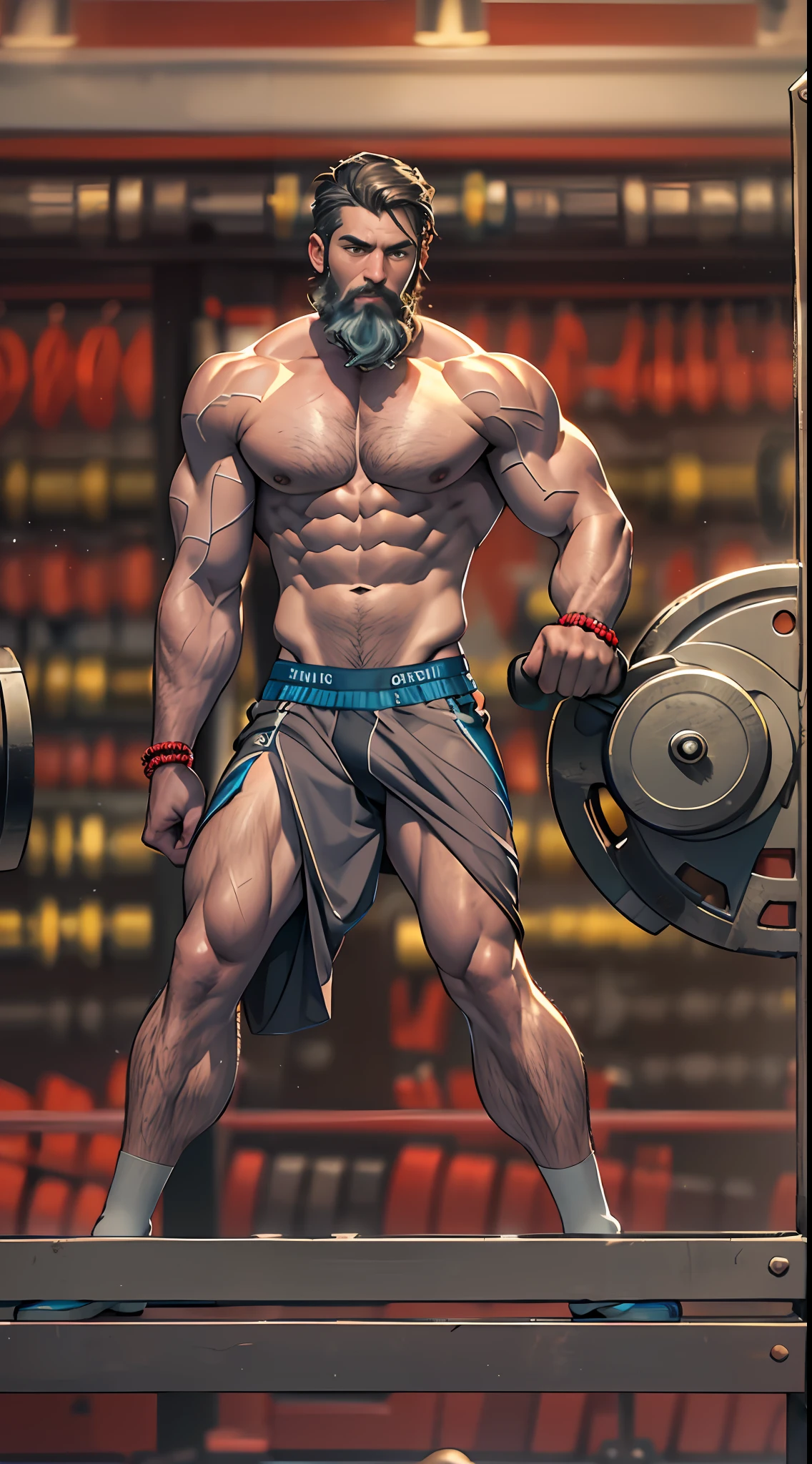 Robust athlete man, upper body revealed, legs uncovered from thighs to feet, bearded with beaded accents, flowing long curls, meticulous muscle definition, lifelike representation, 4K quality. Background: Gymnasium with weights and exercise equipment.,32k uhd, best quality, masterpiece, super detail, high details