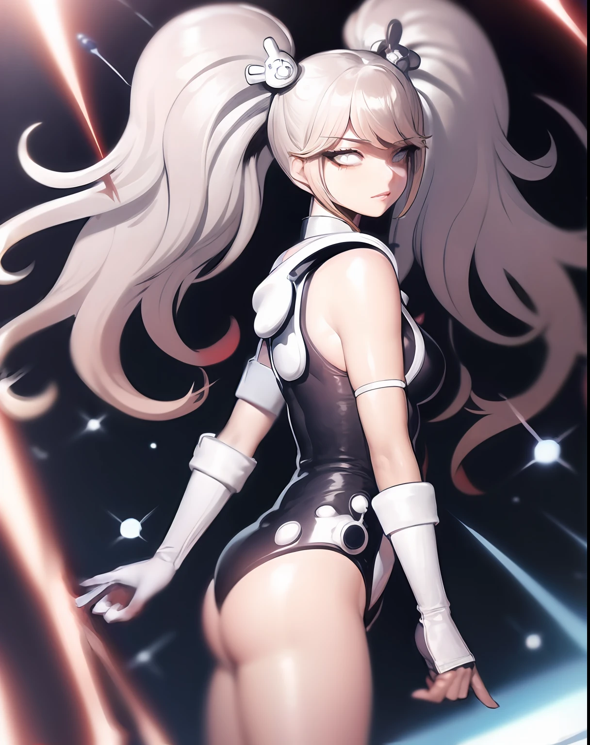 masterpiece, best quality, 1girl, (space), spacecraft, (spacesuit), upper body, from side, science fiction, yellow eyes, twintails, silver hair,
